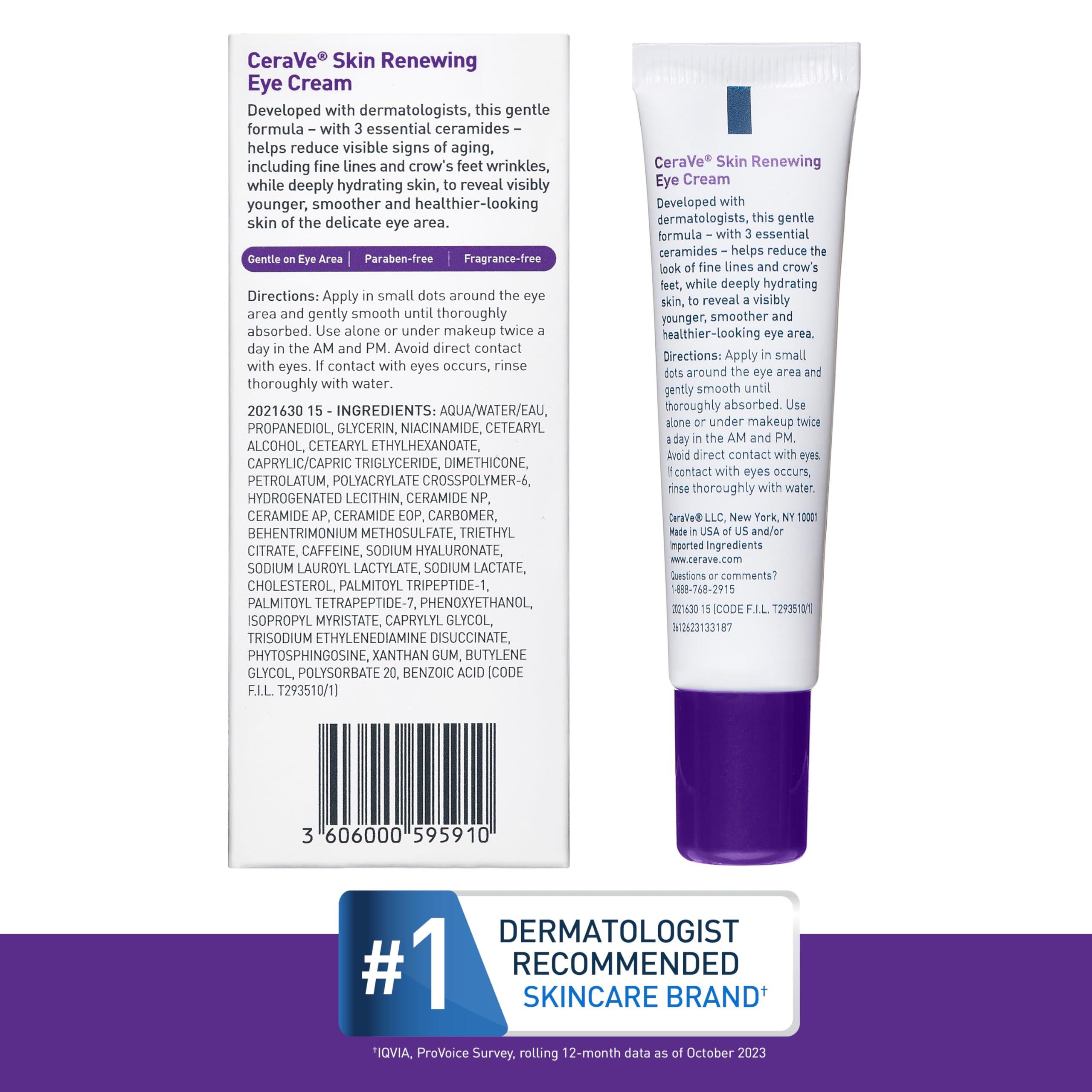 CeraVe Skin Renewing Eye Cream For Wrinkles, Under Eye Cream With Peptides + Caffeine + Niacinamide, For Wrinkles & Crows Feet, Paraben Free & Opthalmologist Tested - Image 6