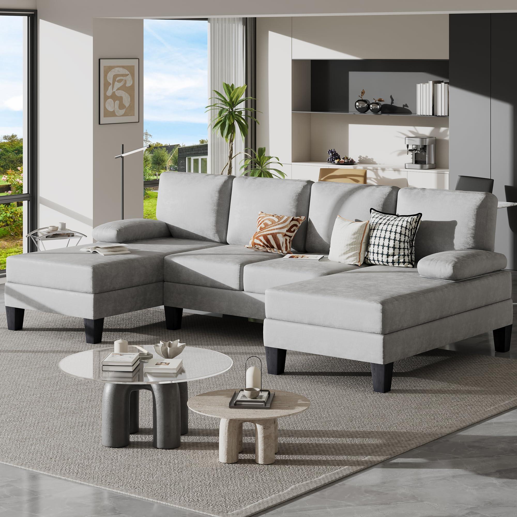 Bezseller 107.3" Sectional Couches for Living Room, U Shaped Modular Sofa Couch with Cushion & Chenille Fabric, 4-Seat Comfy Furniture Sets with Double Chaise for Apartment, Reception Room, Grey - Image 8