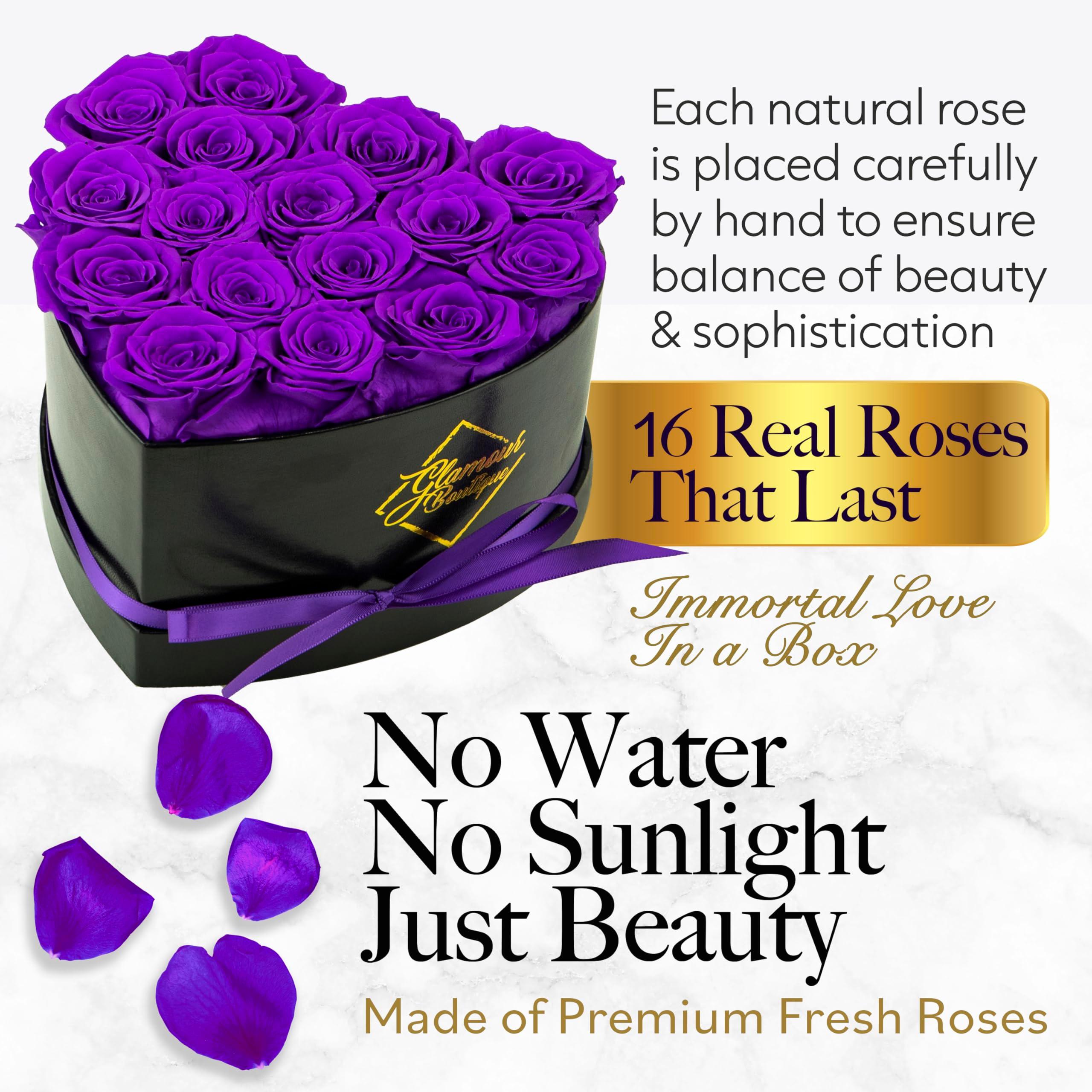 GLAMOUR BOUTIQUE 16 Flower Forever Heart Shape Box - Preserved Roses Gift for Her, Preserved Flowers, Purple - Image 4