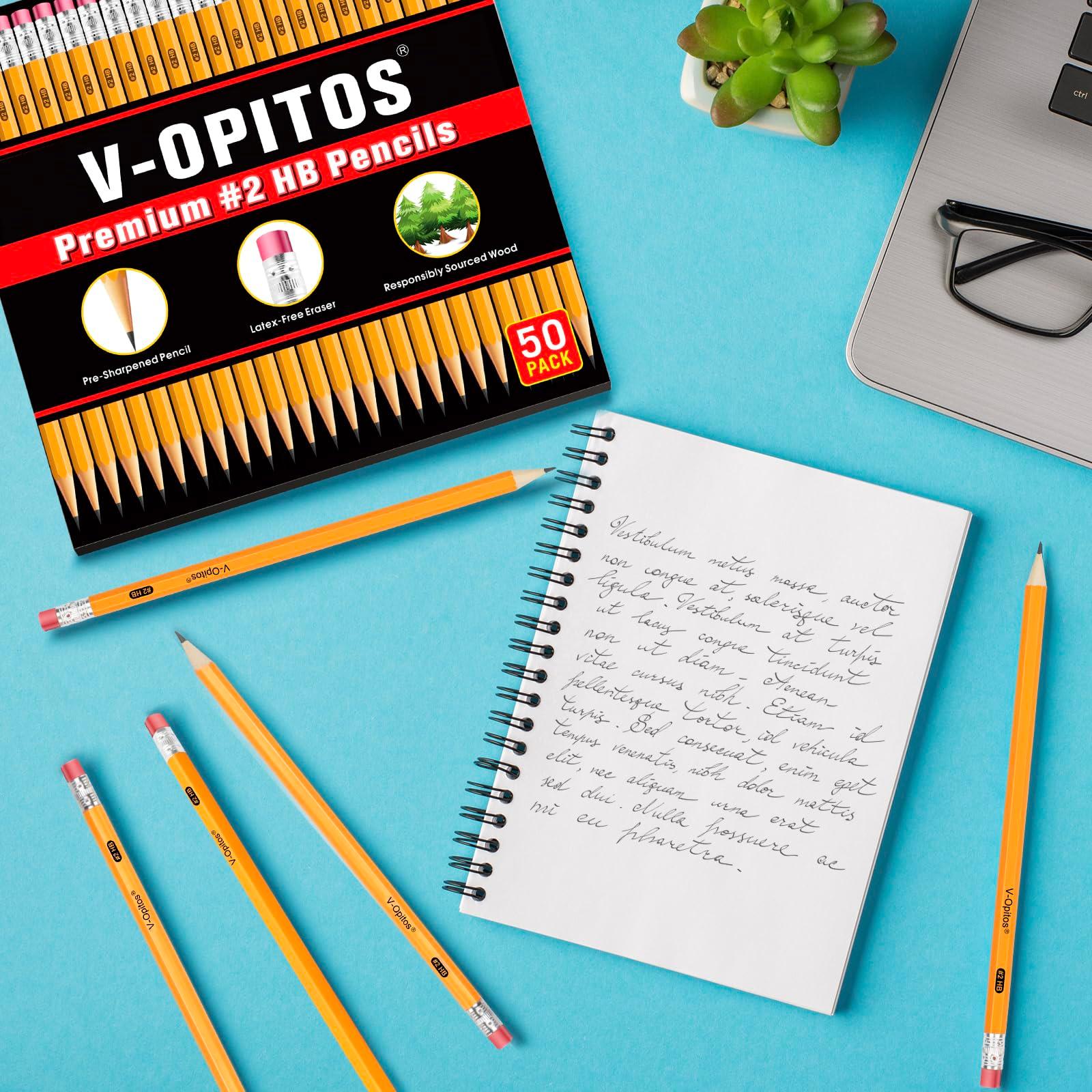 V-Opitos Wood-Cased #2 HB Pencils, 50 Pack Pre-Sharpened with Top Erasers, Bulk Yellow Pencils for School, Writing, Drawing and Sketching - Image 2