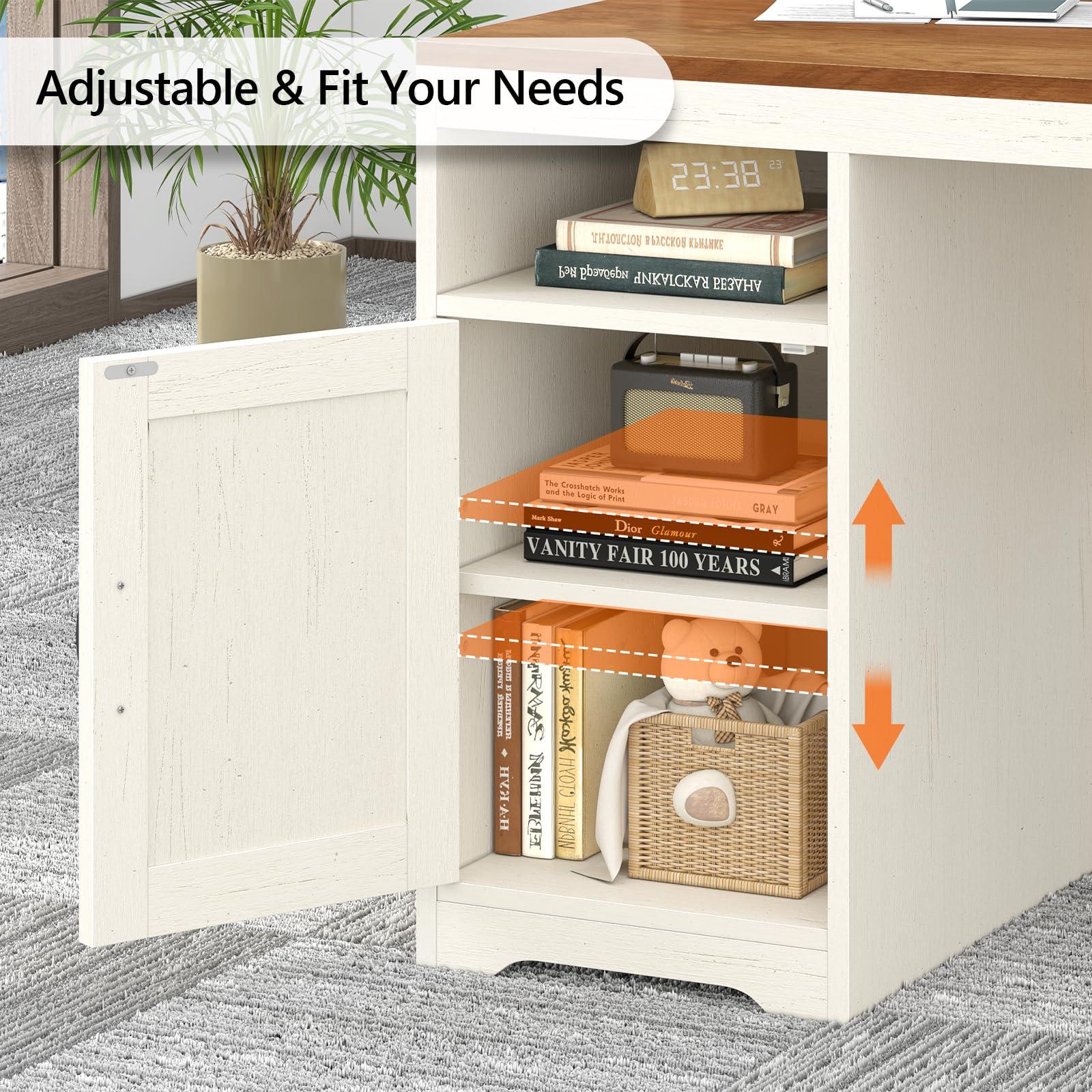 TVU Farmhouse Computer Desk with Drawers, 65'' Home Office Desk with Power Outlets, Storage Cabinet and Printer Stand, Study Writing Desks with Long Monitor Stand, White - Image 6