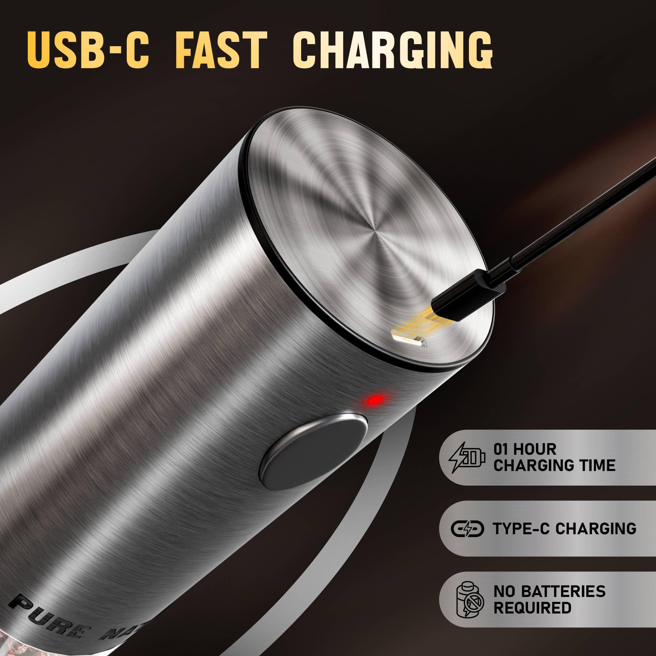 Pure Nature Salt and Pepper Grinder Set with rechargeable base. Premium Stainless Steel up-graded larger capacity with LED Lights, 5 Adjustable Coarseness, Refillable, Type-C Fast Charging. - Image 7