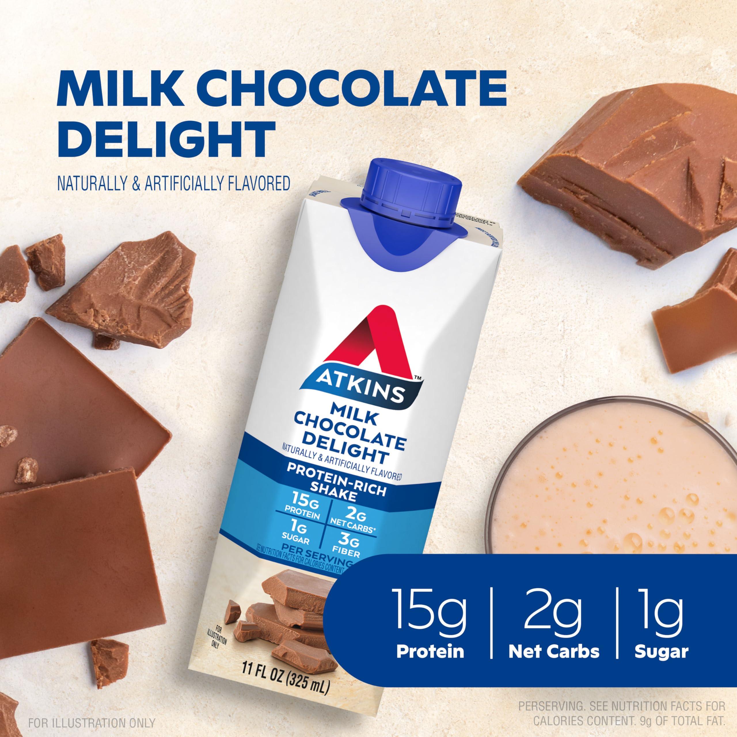 Atkins Milk Chocolate Delight High Protein Shake, 15g Protein, Low Glycemic , 2g Net Carb, 1g Sugar, Keto Friendly , Chocolate Flavored Protein Shakes, 12 Count - Image 2
