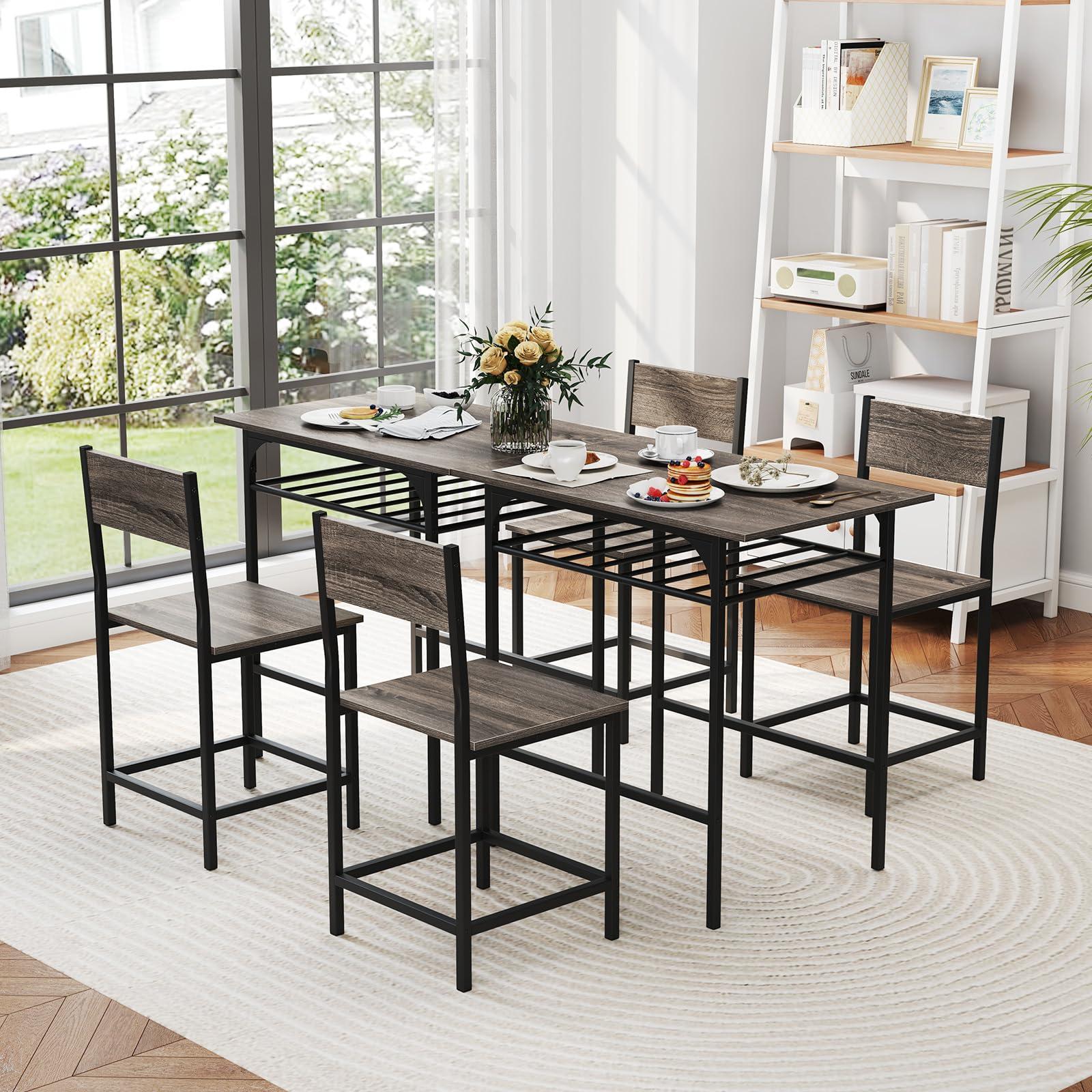 GOFLAME 3-Piece Dining Table Set for 2, Rectangular Wood Kitchen Table & Chair Set with Metal Frame, Storage Rack, Space-Saving Dinette Set for Breakfast Nook, Dining Room, Small Space, Grey - Image 7