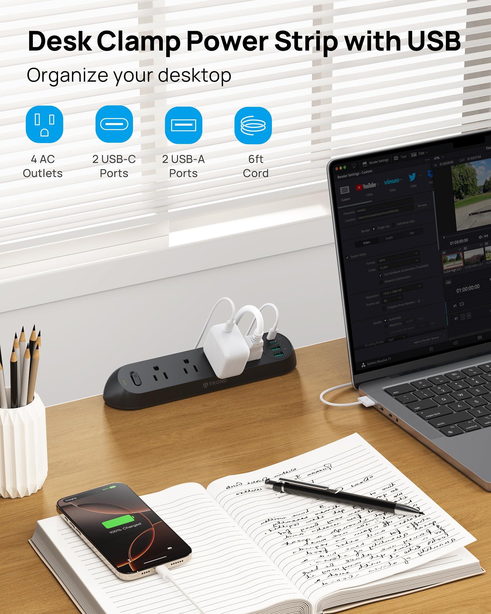 TROND Desk Clamp Power Strip USB C PD 20W- Surge Protector with 4 AC Outlets 4 USB Ports, Flat Plug 6ft Extension Cord, 1700J, ETL Listed, Fits 1.97 inch Tabletop Edge, for Home Office, Black - Image 2