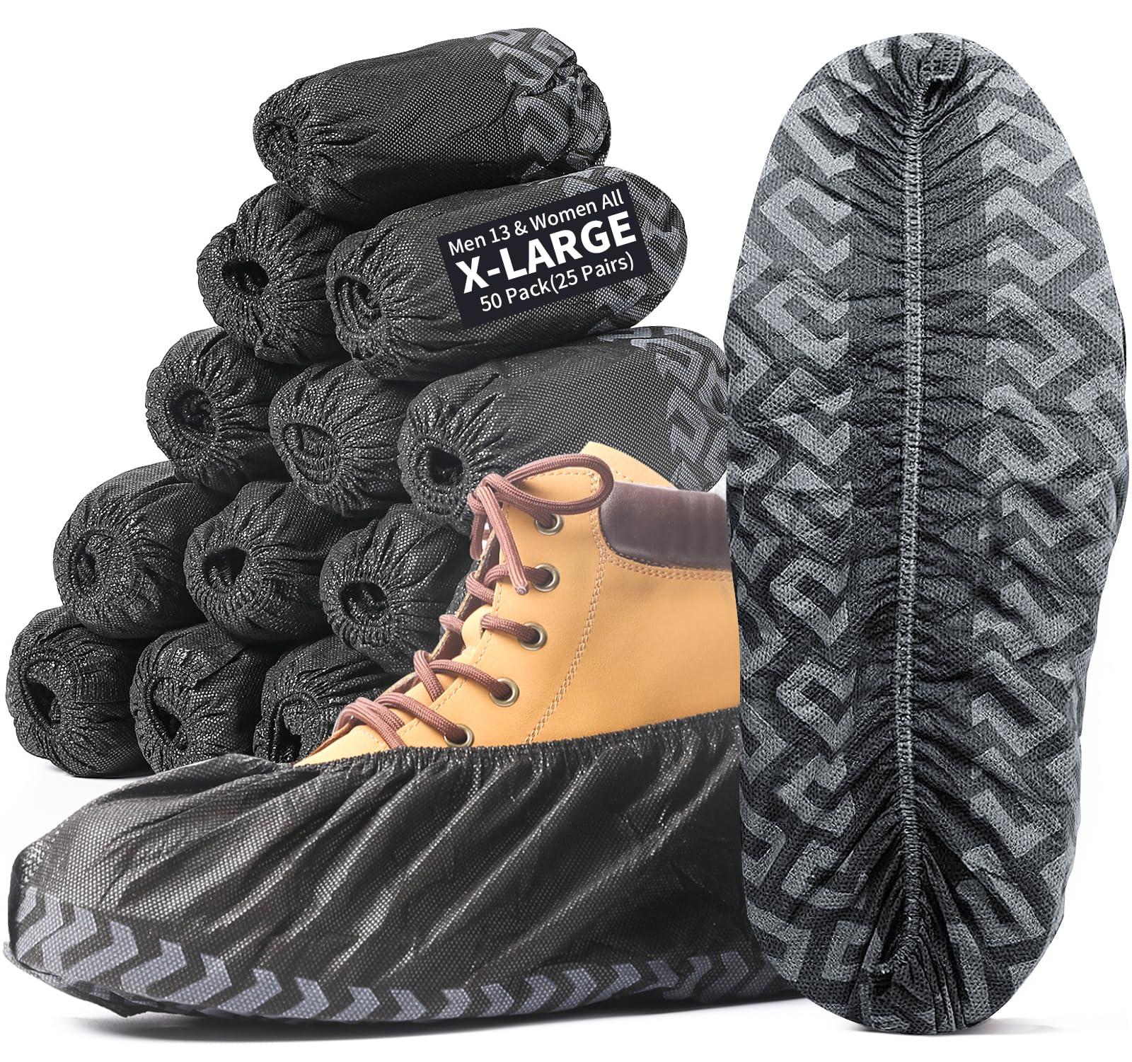 X-Large 50 Pack Shoe Covers Disposable Non-Slip, Black Non-Woven Fabric Boot Covers for Indoors Breathable Slip Resistant Durable Boot, Stretchable Fits Up to Size 13 US Men (Black 50 Pcs (XL))