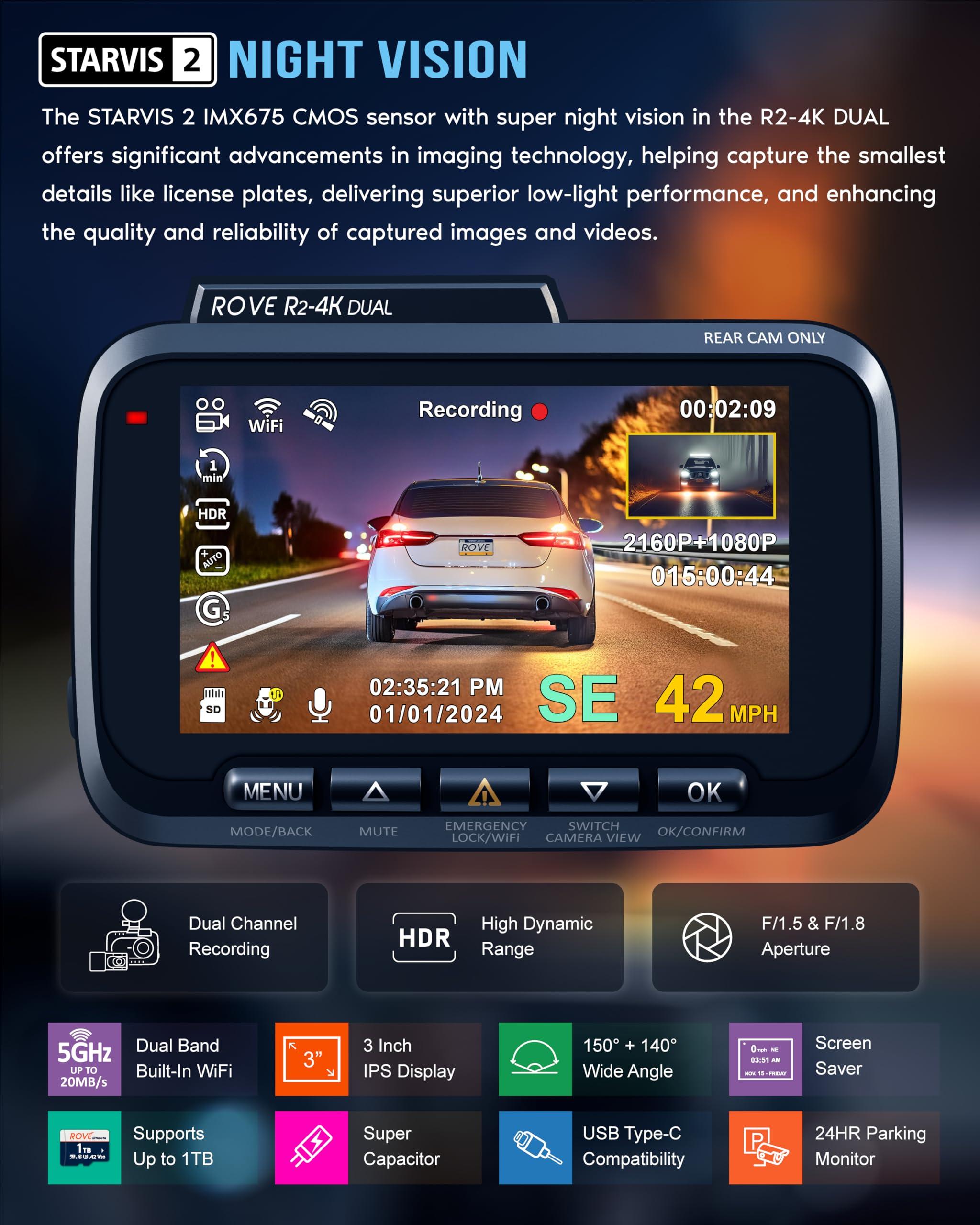 ROVE R2-4K DUAL Dash Cam Front and Rear, STARVIS 2 Sensor, FREE 128GB Card Included, 5G WiFi - up to 20MB/s Fastest Download Speed with App, 4K 2160P/FHD Dash Camera for Cars, 3" IPS, 24H Parking Mode - Image 4