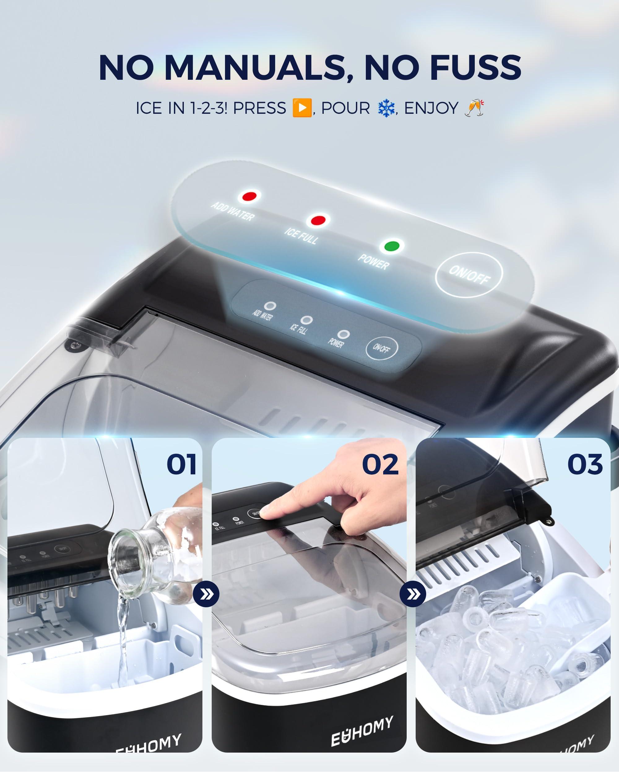 EUHOMY Countertop Ice Maker Machine with Handle, 26lbs in 24Hrs, 9 Ice Cubes Ready in 6 Mins, Auto-Cleaning Portable Ice Maker with Basket and Scoop, for Home/Kitchen/Camping/RV. (Black) - Image 7
