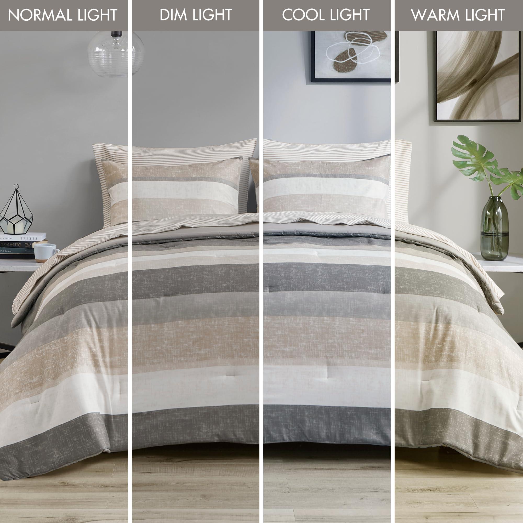 Madison Park Essentials Queen Comforter Set, Bed in A Bag Comforter & Sheet Set, Modern Casual Stripes Print, All Seasons, Soft Microfiber Bedding Makeover, Matching Shams, Queen Taupe/Grey 7 Piece - Image 7