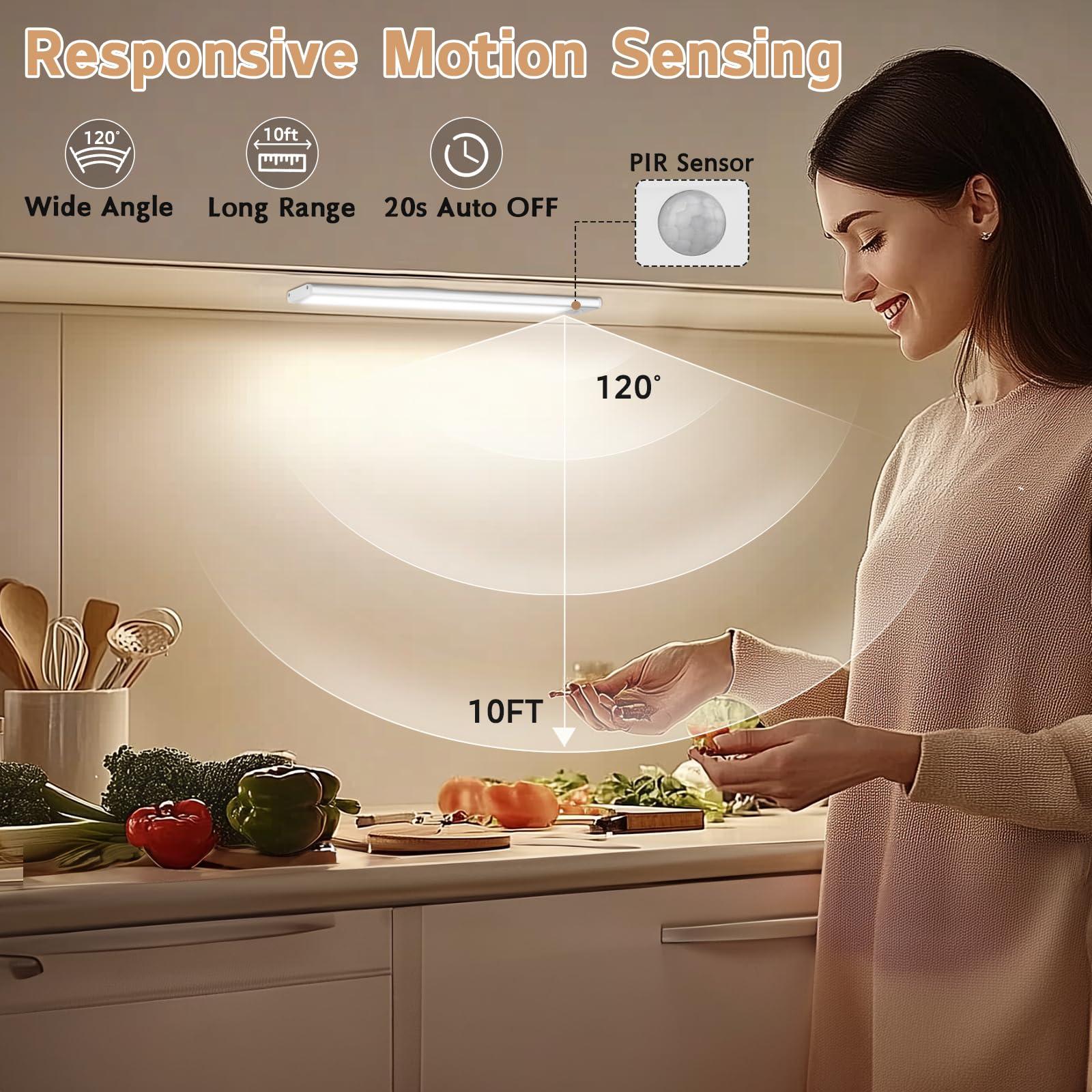 Under Cabinet Lighting Wireless, 4Pack Motion Sensor Light Indoor with 3 Color Temps, Dimmable Closet Lights Battery Operated, LED Magnetic Light, Rechargeable Under Counter Lights for Kitchen Home - Image 2