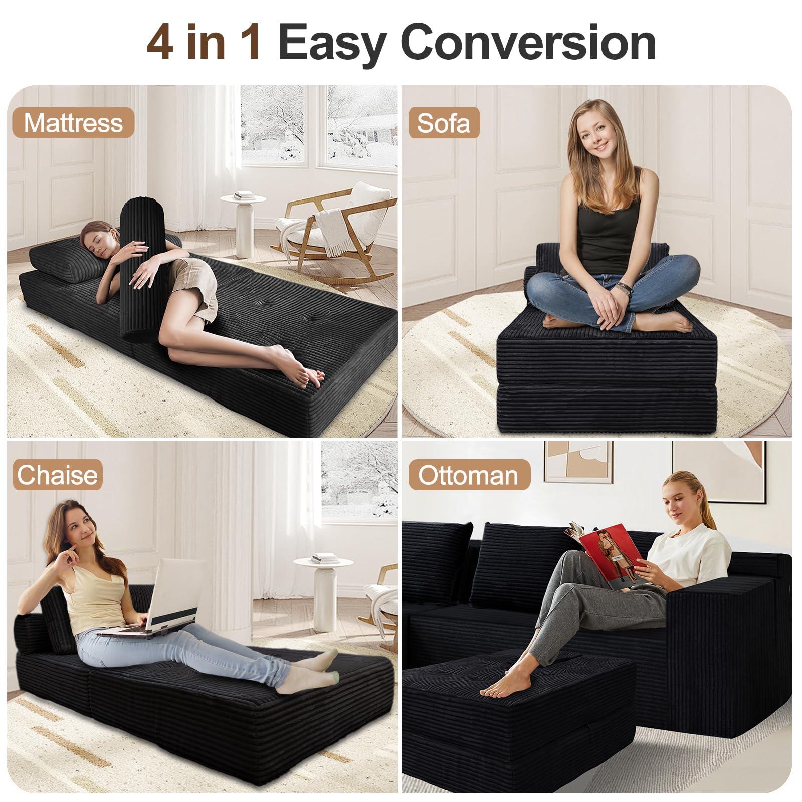 Nigoone Sofa Bed Futon, Versatile Foldable Sleeper Chair with Pillow, Supportive Memory Foam, Plush Corduroy Fabric, Cozy Floor Couch, Convertible Mattress for Bedroom/Living Room/Guest/Office, Black - Image 3