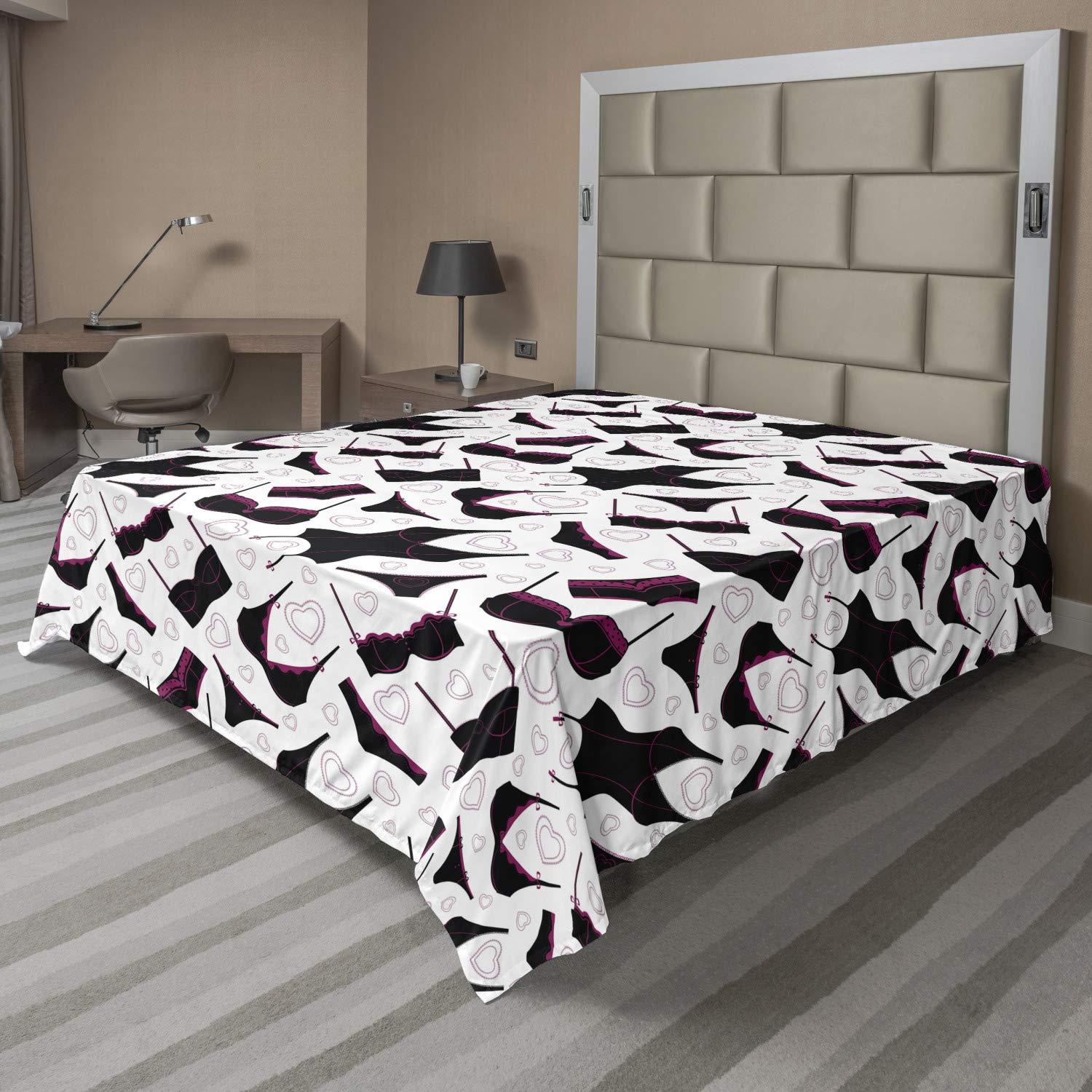 Ambesonne Retro Flat Sheet, Lingerie Pattern Brassiere and Panties with Hearts Women`s Fashion Underwear, Soft Comfortable Top Sheet Decorative Bedding 1 Piece, California King, Black Fuchsia White