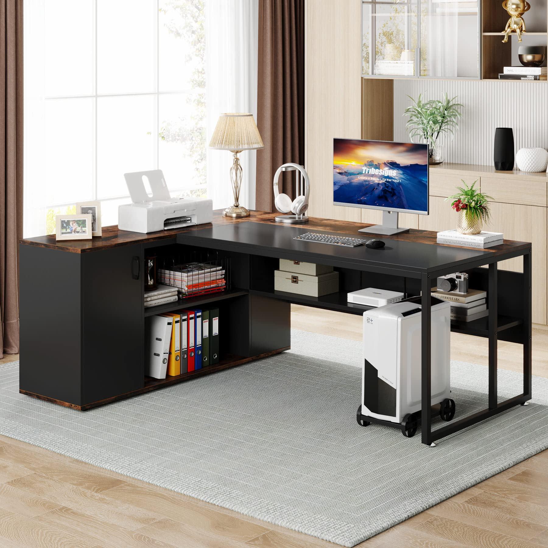 Tribesigns 71 inch Executive Desk, L Shaped Desk with Cabinet Storage, Executive Office Desk with Shelves, Business Furniture Workstation for Home Office, Brown and Black - Image 4