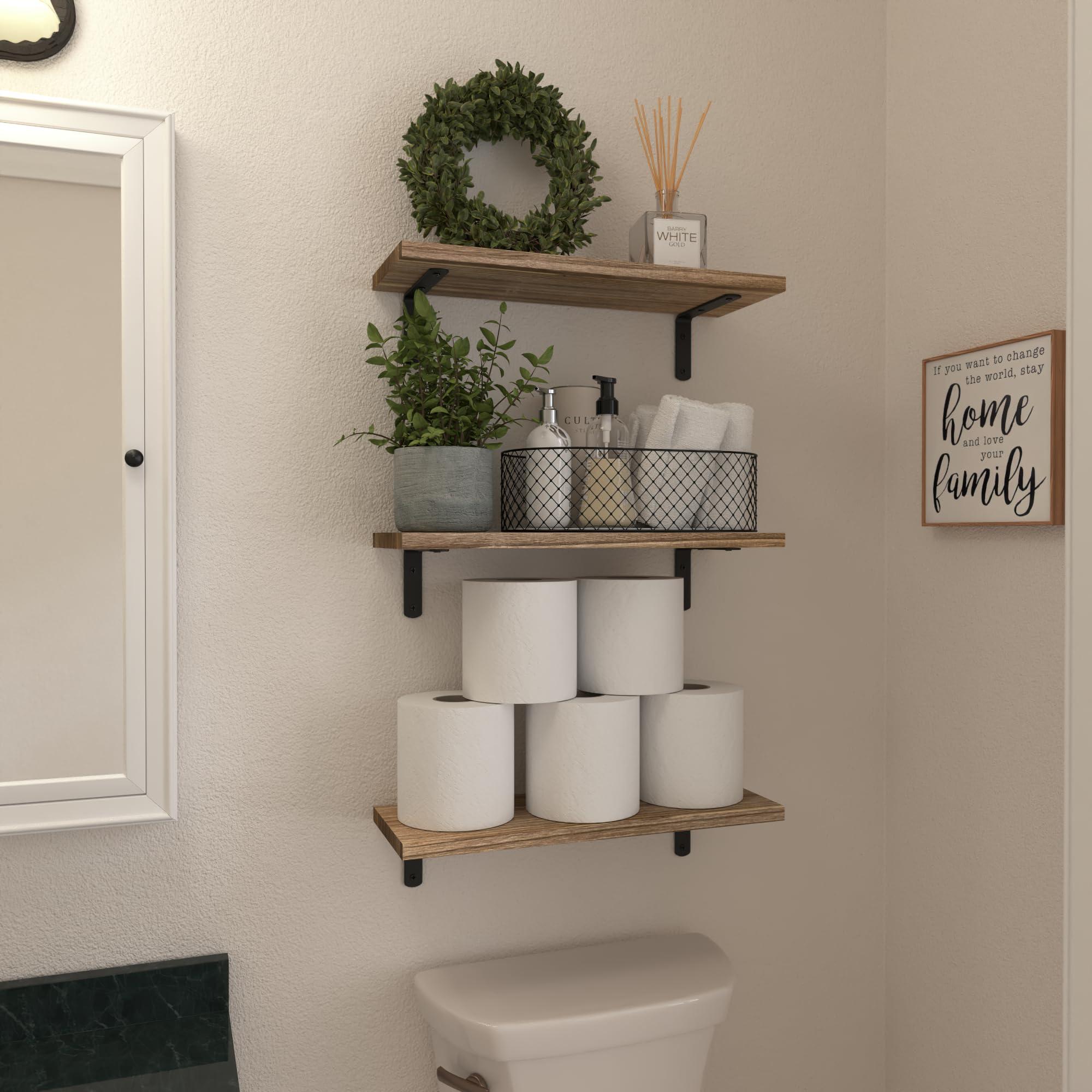 WOPITUES Wood Floating Shelves Set of 6, Shelves for Wall Decor, Farmhouse Shelf for Bedroom, Bathroom Storage Shelves, Book Shelves for Living Room - Rustic Brown - Image 4