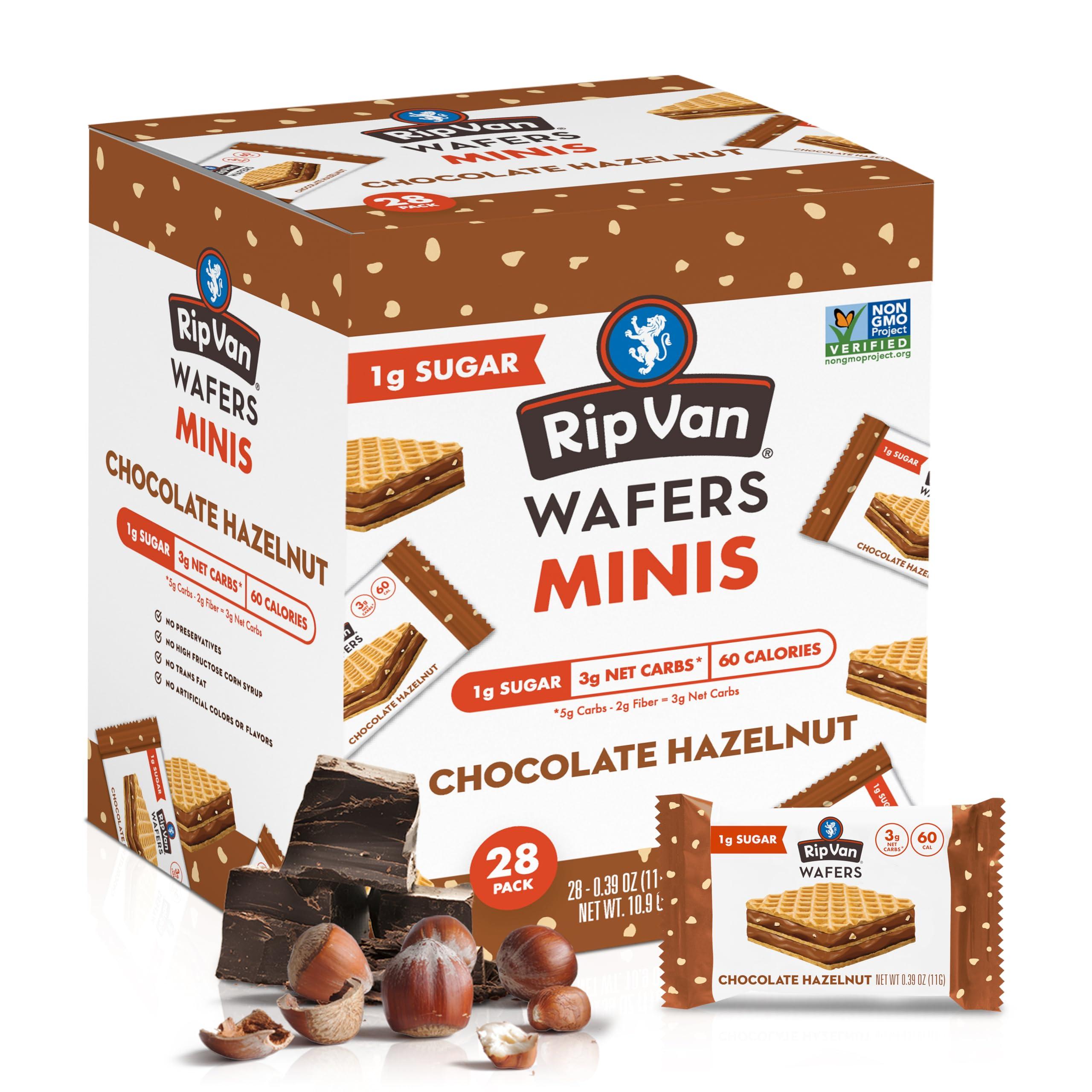 Rip van Wafels Rip Van Chocolate Hazelnut Mini Wafer Cookies - Healthy Snacks - Mini Keto Cookies - Keto Snacks - Low Carb, Low Sugar (1g), Low Calorie and Vegan Snack - 28 Count
