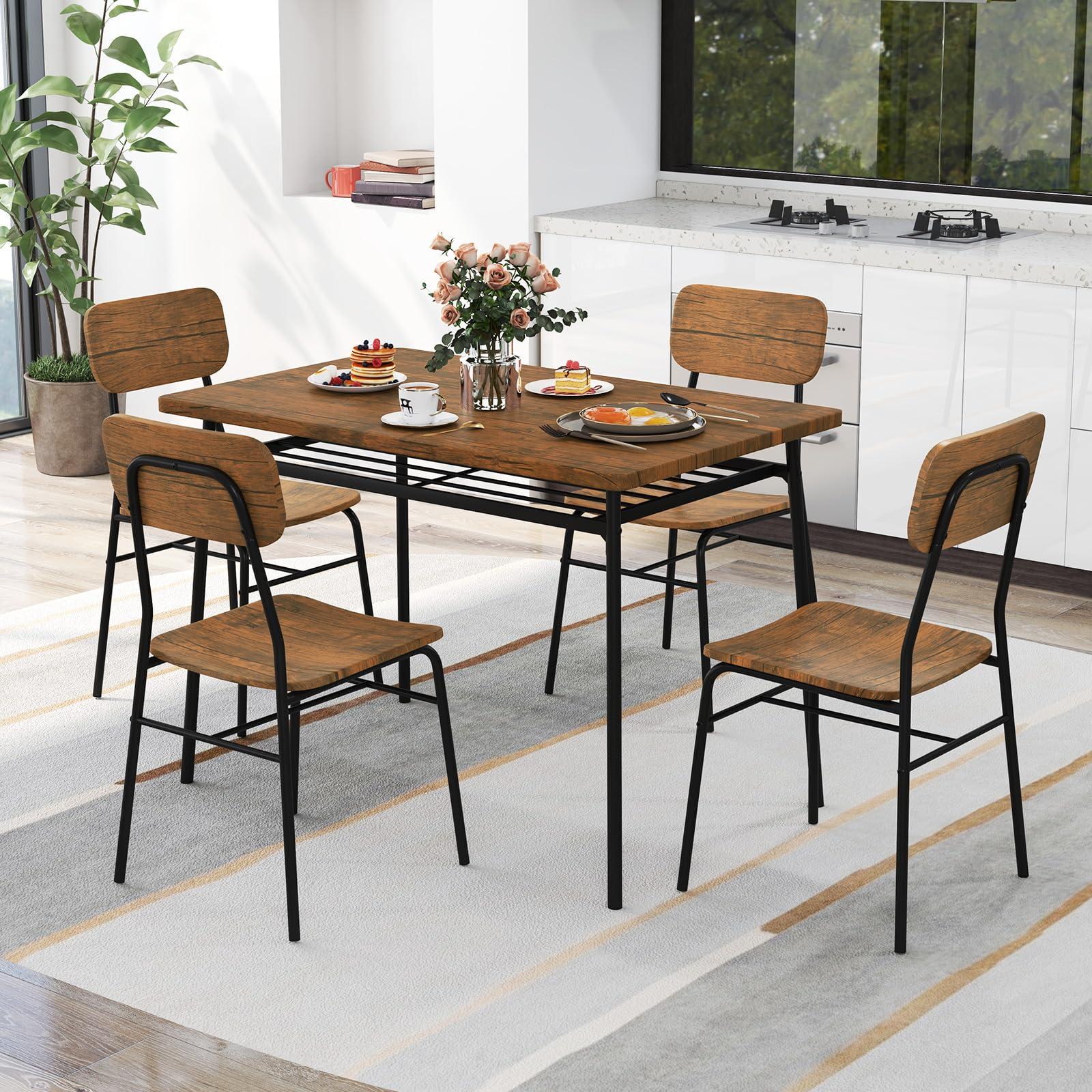 GOFLAME 5-Piece Dining Table Set for 4, Wood Rectangular Kitchen Table & Chairs Set with Metal Frame, Storage Rack, Space-Saving Industrial Dinette Set for Dining Room, Living Room, Breakfast Nook - Image 9