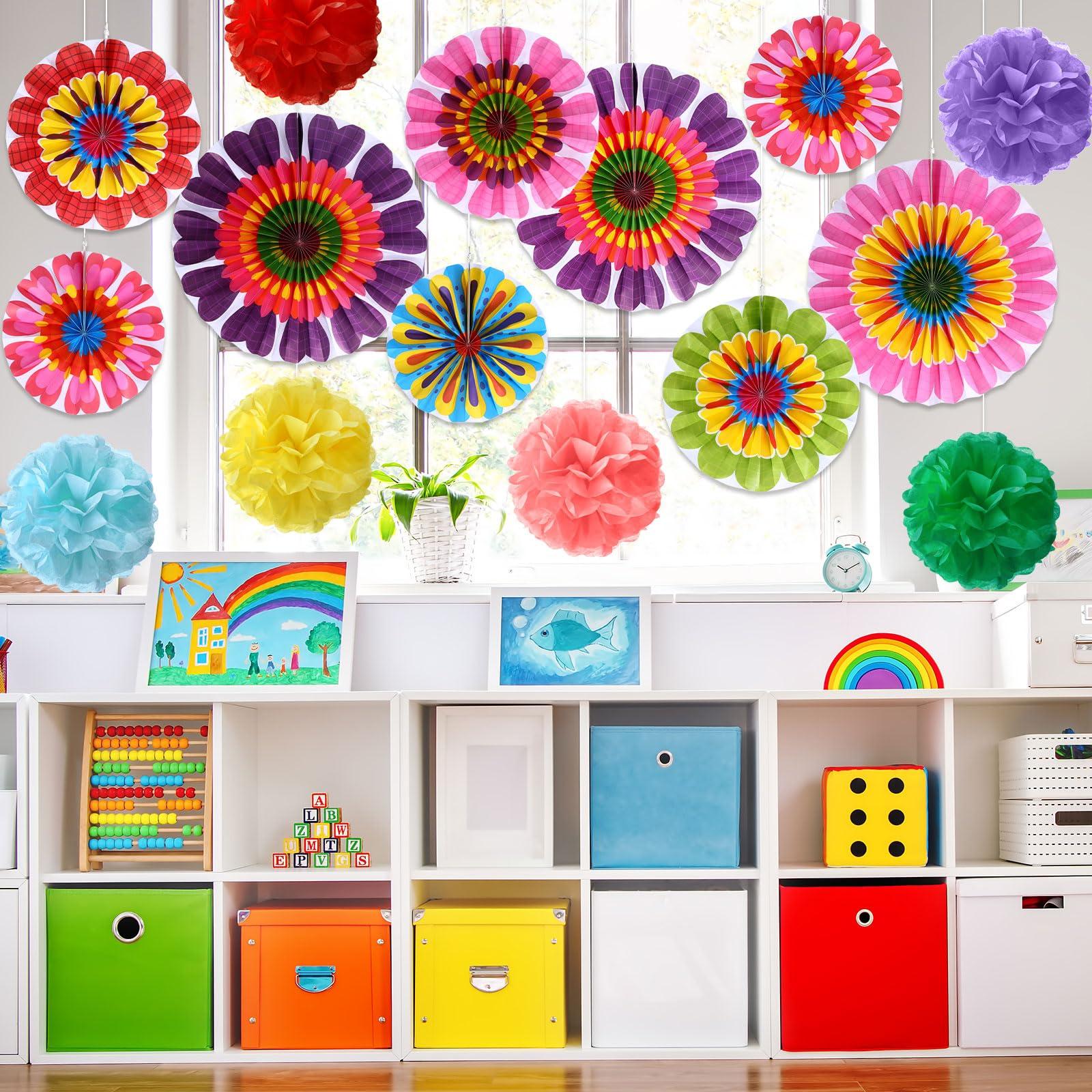 Outus 21 Pcs Spring Flower Hanging Paper Fans Flower Paper Fans Classroom Decorations Springtime Summer Tissue Pom Poms for Ceiling Wedding Birthday Party Supply Classroom Decor(Spring Flower) - Image 4