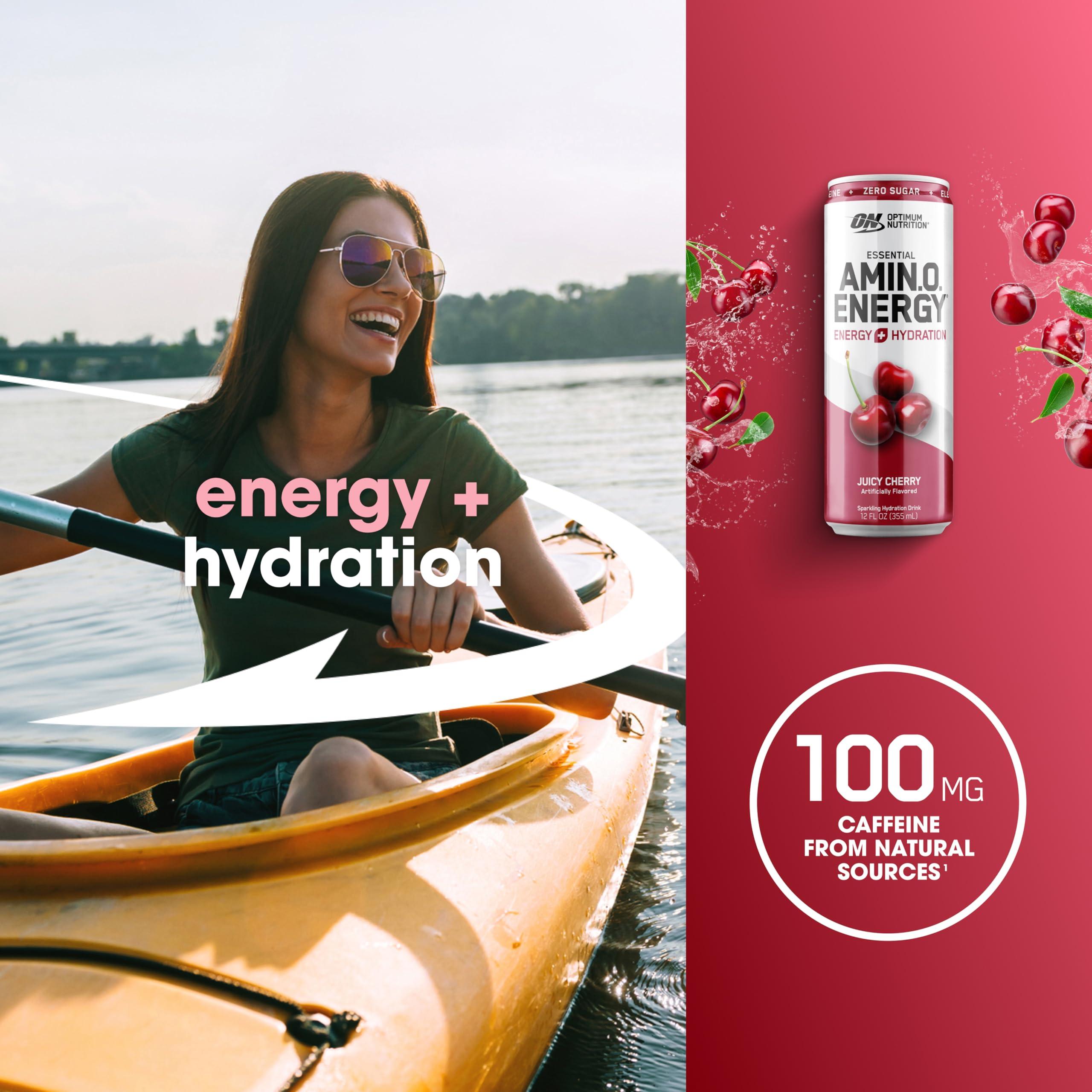 Optimum Nutrition Amino Energy Sparkling Hydration Drink, Electrolytes, Caffeine, Amino Acids, BCAAs, Sugar Free, Juicy Cherry, 12 Fl Oz, 12 Pack (Packaging May Vary) - Image 4