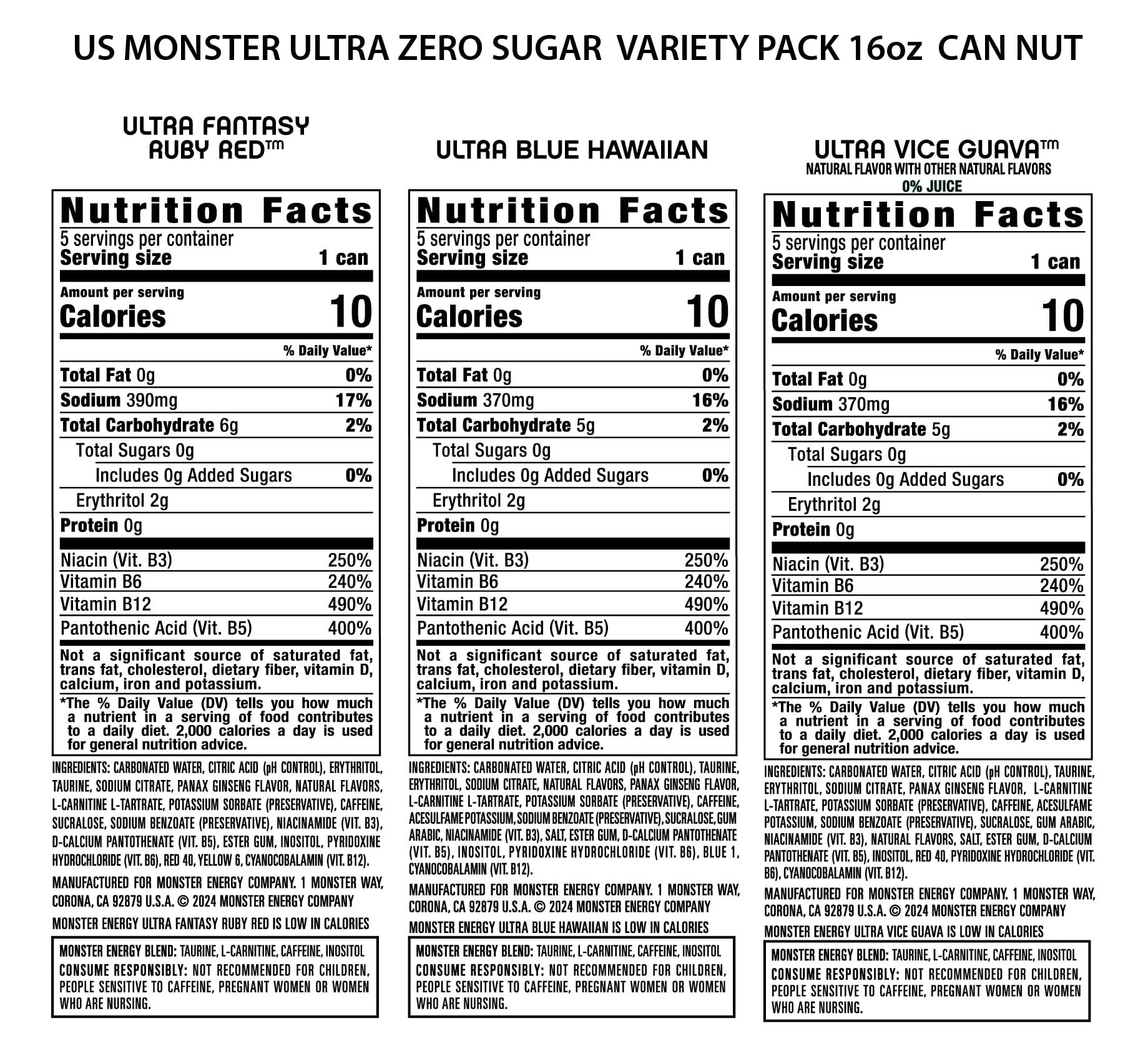 Monster Energy Ultra Variety Pack, Blue Hawaiian, Ultra Vice Guava, Ultra Fantasy Ruby Red, Sugar Free Energy Drink, 16 Ounce (Pack of 15) - Image 4