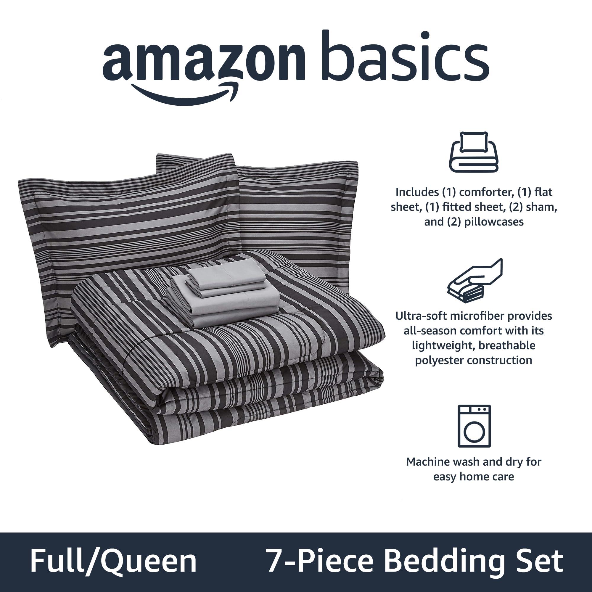Amazon Basics Full/Queen Comforter Set with Sheets, 7-Piece Gray Calvin Stripe Bedding, Lightweight Microfiber Bed-in-a-Bag, Striped - Image 2
