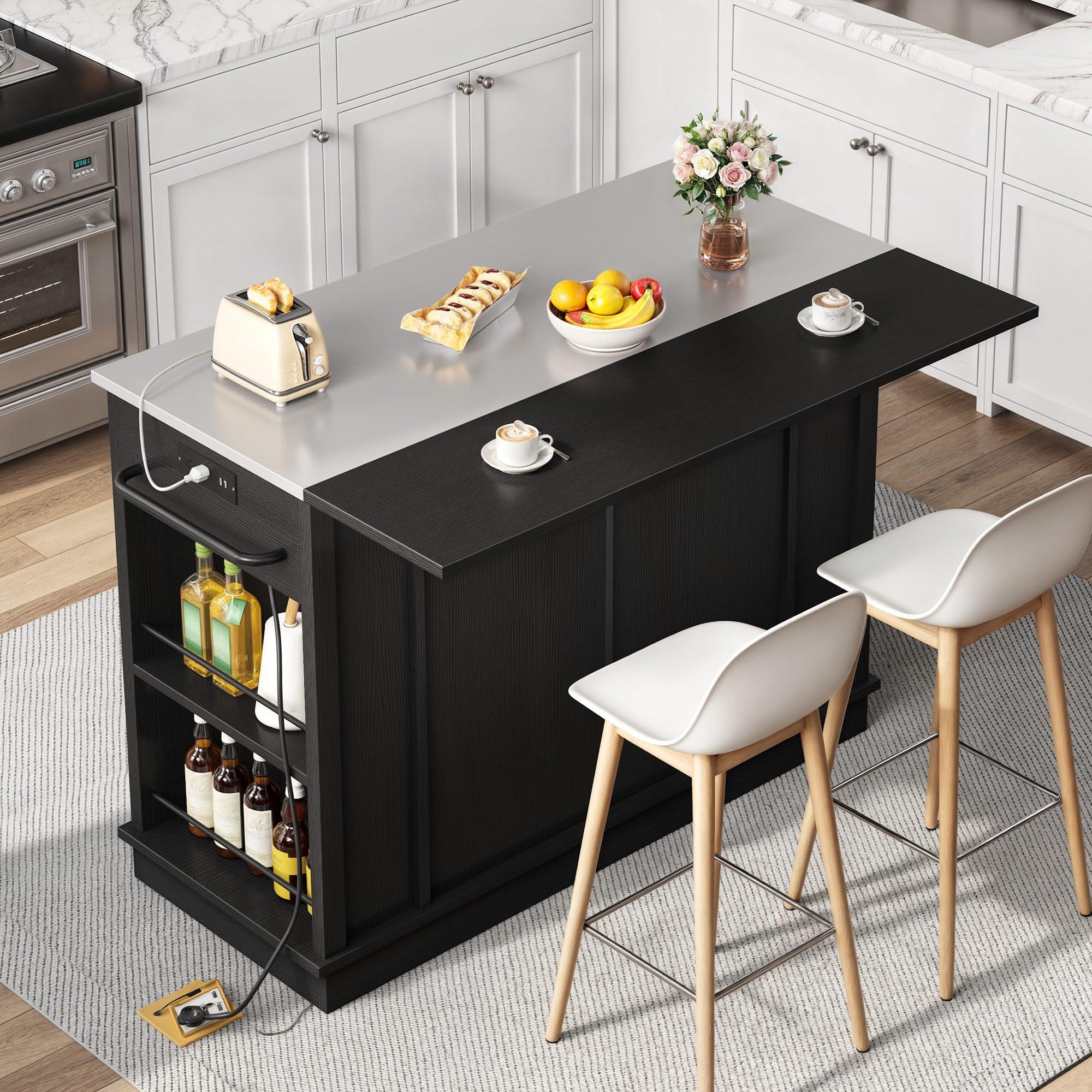 YITAHOME Kitchen Island with Drop Leaf, 47 Inch Mobile Stroage Islands with Stainless Steel Top, Rolling Island Table with Power Outlet, Adjustable Shelves, Spice Rack, Towel Rack for Kitchen, Black - Image 3