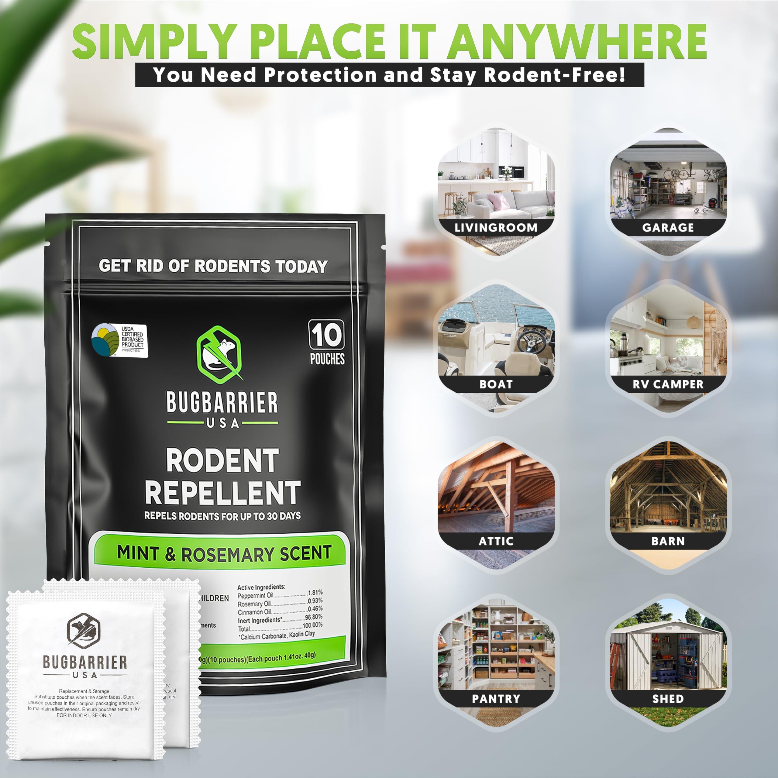 BugBarrier's Extra-Strength Mouse Repellent Deterrent Pouches, USDA 99% Biobased, Peppermint & Rosemary Oils Repel Mice Nesting in Car, RV, Boat, Garage, Shed, Cabin Made in The USA (Pack of 10) - Image 5