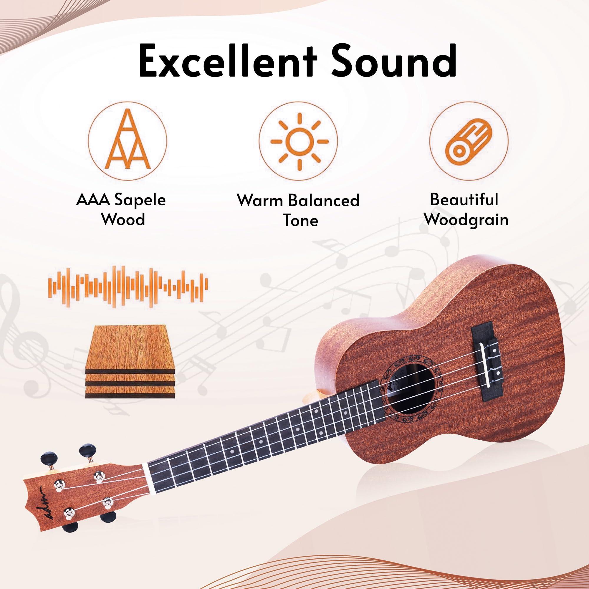 ADM Concert Ukulele Beginner Kit Mahogany Hawaiian Wood Ukelele Bundle Ukalalee Set with Uke Free Starter Lessons for kids Students and Adults, Yellow Brown (Khaki, 23 inch) - Image 5