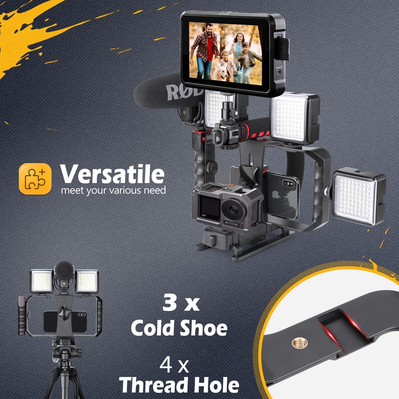 Zeadio Camera Handheld Stabilizer with Smartphone Video Cage Rig, Triple Cold-Shoe Handle Grip Compatible with All Camera Action Camera DSLR Smartphone - Image 5