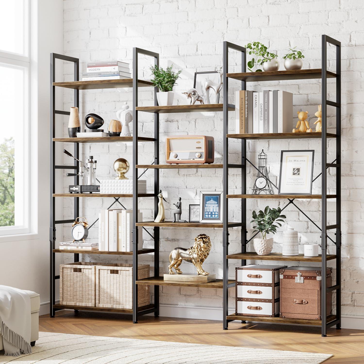 NUMENN Triple Wide 5 Tier Bookshelf, Rustic Industrial Style Bookcases with 14 Open Display Shelves, Modern Tall Bookcase Furniture for Bedroom, Living Room and Home Office, Vintage - Image 5