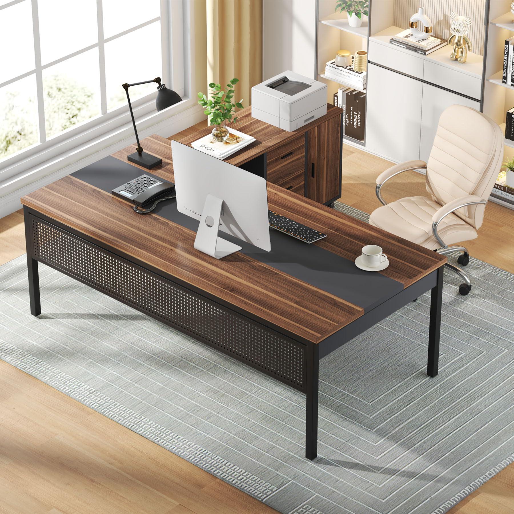 Tribesigns 70.8" Large Executive Office Desk and 47" Lateral File Cabinet Combo, L-Shaped Computer Desk 2 Piece Business Furniture with Drawers and Shelves, Home Office Workstation, Walnut - Image 4
