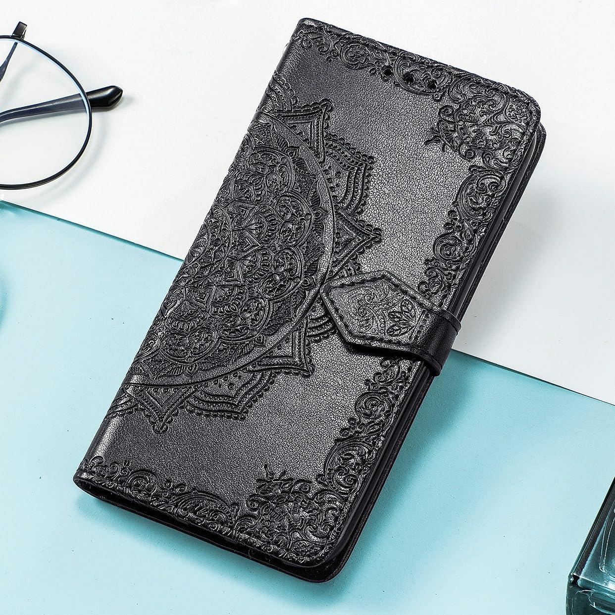 GuluGuru for iPhone 16 Pro Max Leather Phone Case, 3D Carved Relief Flower Lace Pattern Folio Flip Cover Kickstand, Floral Card Holder Cash Slot, Magnetic Clasp, Hand Wrist Strap - Image 8