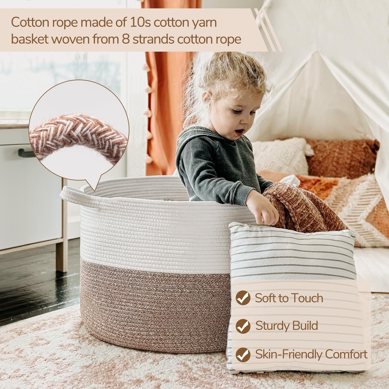 INDRESSME XXXLarge Cotton Rope Basket 21.7" x 21.7" x 13.8" Woven Baby Laundry Blanket Basket Toy Baskets with Handle Storage Comforter Cushions Thread Laundry Hamper - Image 5