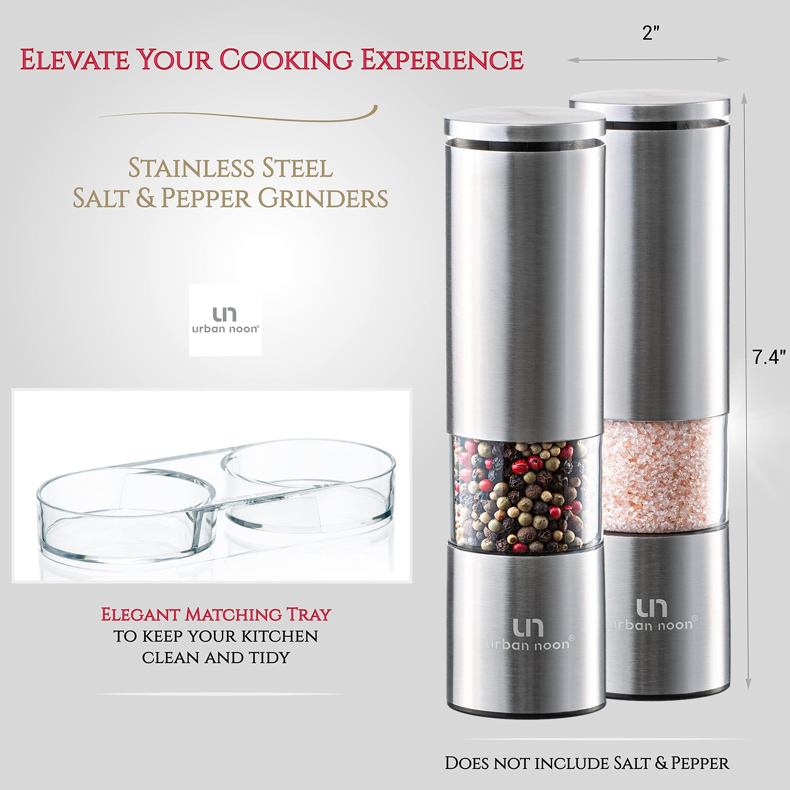Salt and Pepper Grinder Set - Stainless Steel Pepper Grinder and Salt Grinder with Tray in Luxurious Gift-Box - Manual Mills with Ceramic Grinders and Adjustable Coarseness (Set of 2 plus Tray) - Image 3