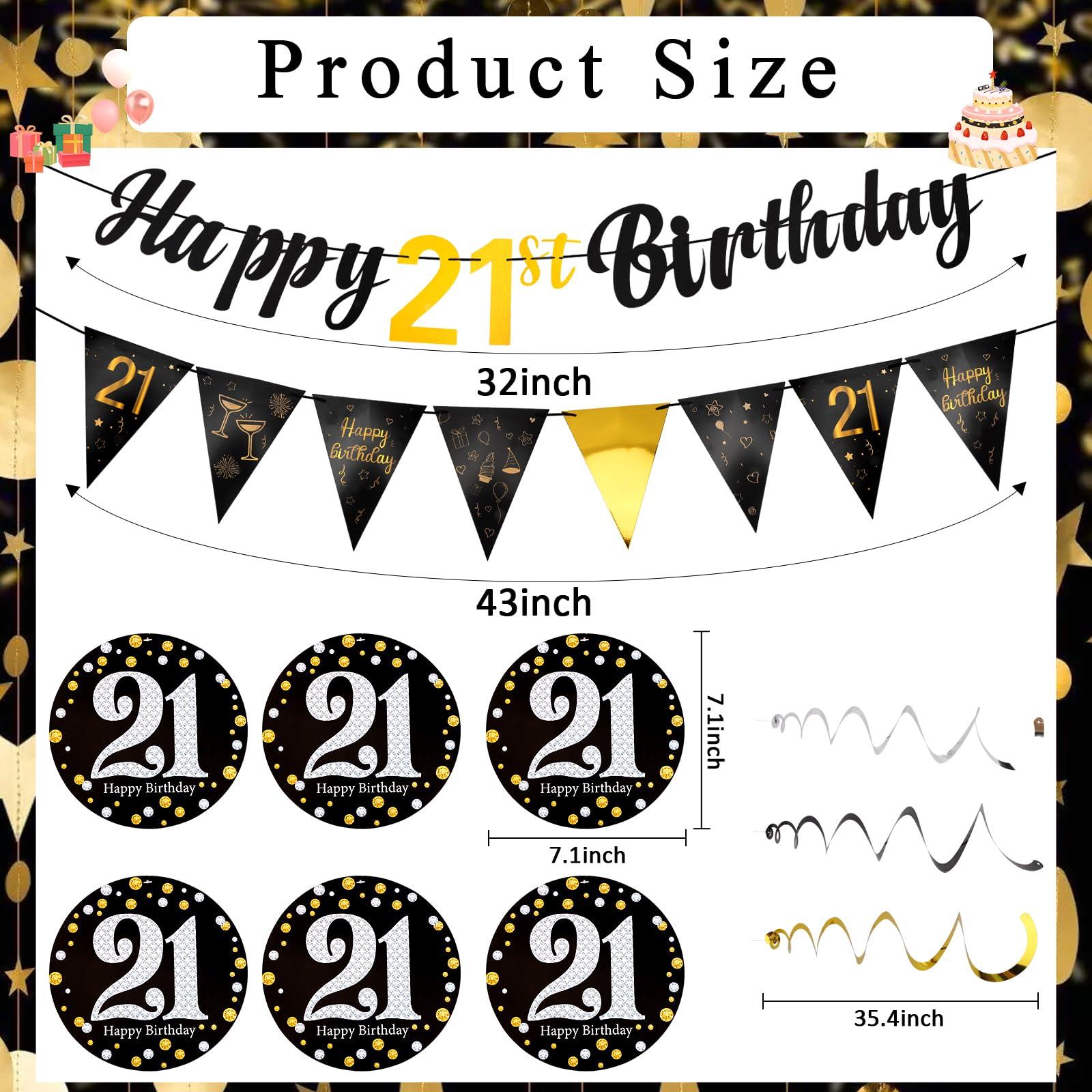 Hapdoo 21st Birthday Decorations Set - 21st Birthday Decorations Men Happy 21 Banner Triangle Flag Hanging Swirls Streamers for Women Men Party Supplies, Black and Gold - Image 3