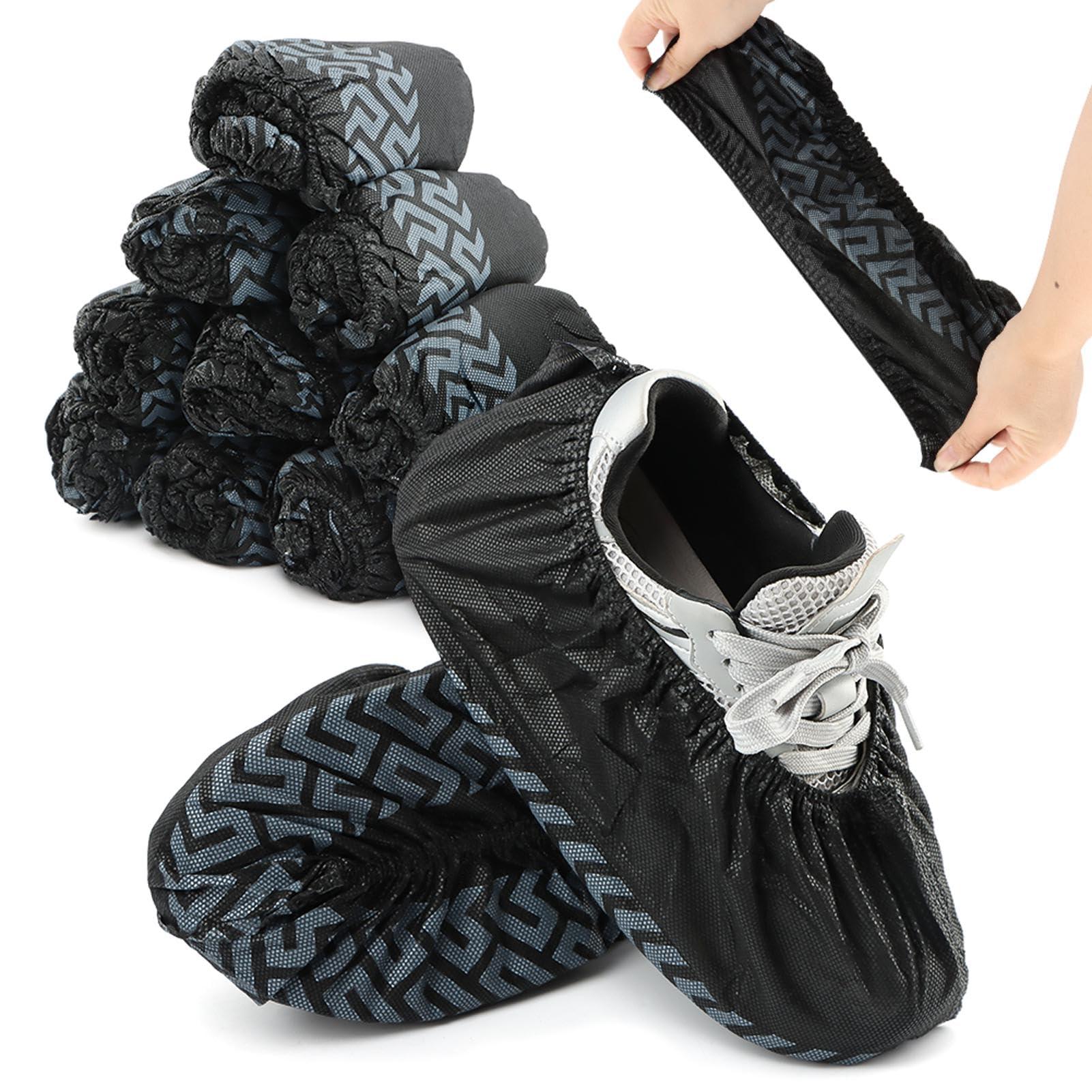 Quixleen 100 Pcs Disposable Non-Slip X Large Elastic Fit Shoe Covers, Black Breathable and Durable Boot and Shoe Booties Fits US Most Shoe Sizes for Indoor(Black)