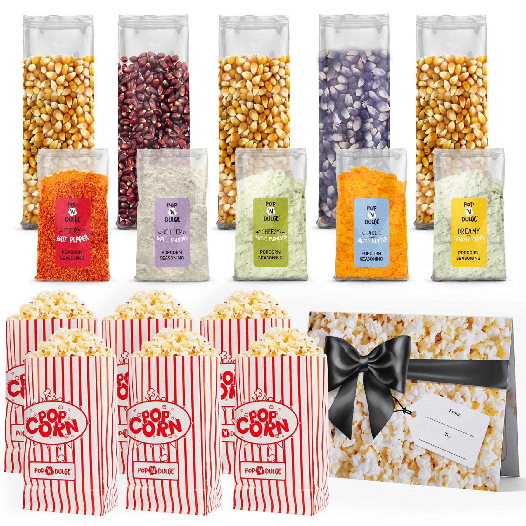 Pop n' Dulge Popcorn Movie Night Supplies 16 pcs Gift Set, 5 Gourmet Popcorn Kernels, 5 Seasoning Variety Packs Non-GMO Kosher Snacks, Great Housewarming Family Date Night Gifts Basket Ideas For Him Her - Image 5