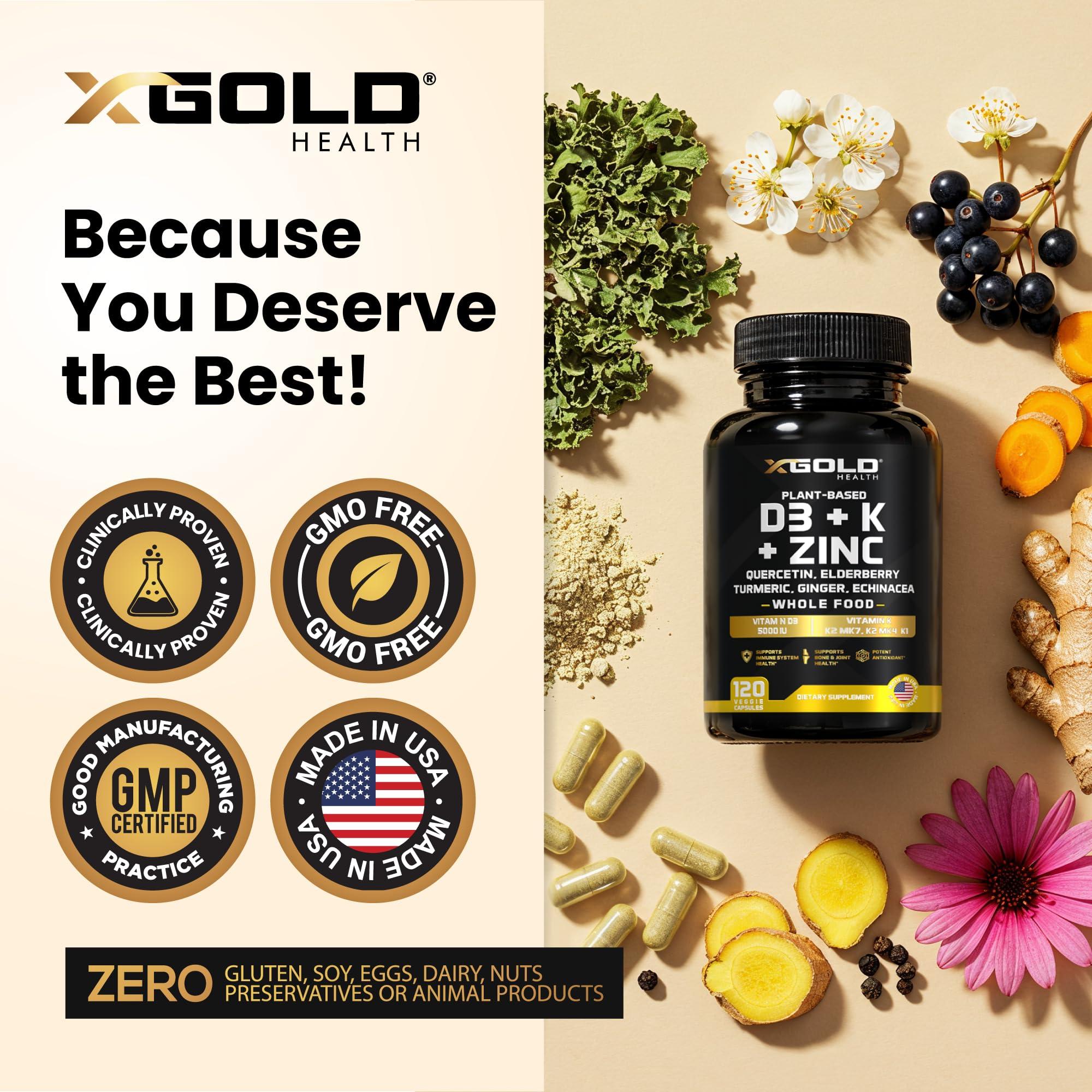 Vitamin D, K2, K1, Zinc, Quercetin, Elderberry, Turmeric, Ginger & Echinacea Whole Food Supplement 8 in 1- D3 5000 IU Plant-Based from Lichen, Vitamin K (K2 MK7, MK4, K1), D3 K2 Vitamins -120 Capsules - Image 5