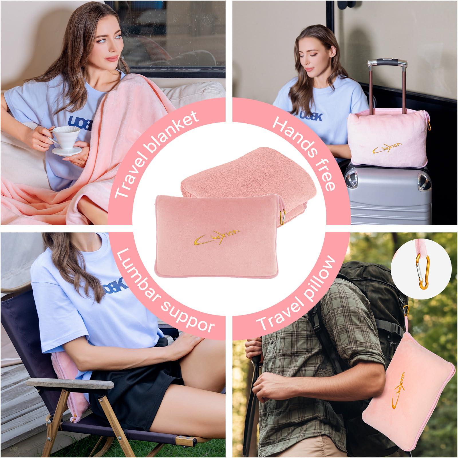 CLEXION 3 in 1 Travel Pillow and Blanket Set, Premium Soft 300 GSM Thick Airplane Blanket Compact with Bag for Long Trips Essentials, Hand Luggage Sleeve and Backpack Clip (Pink) - Image 3