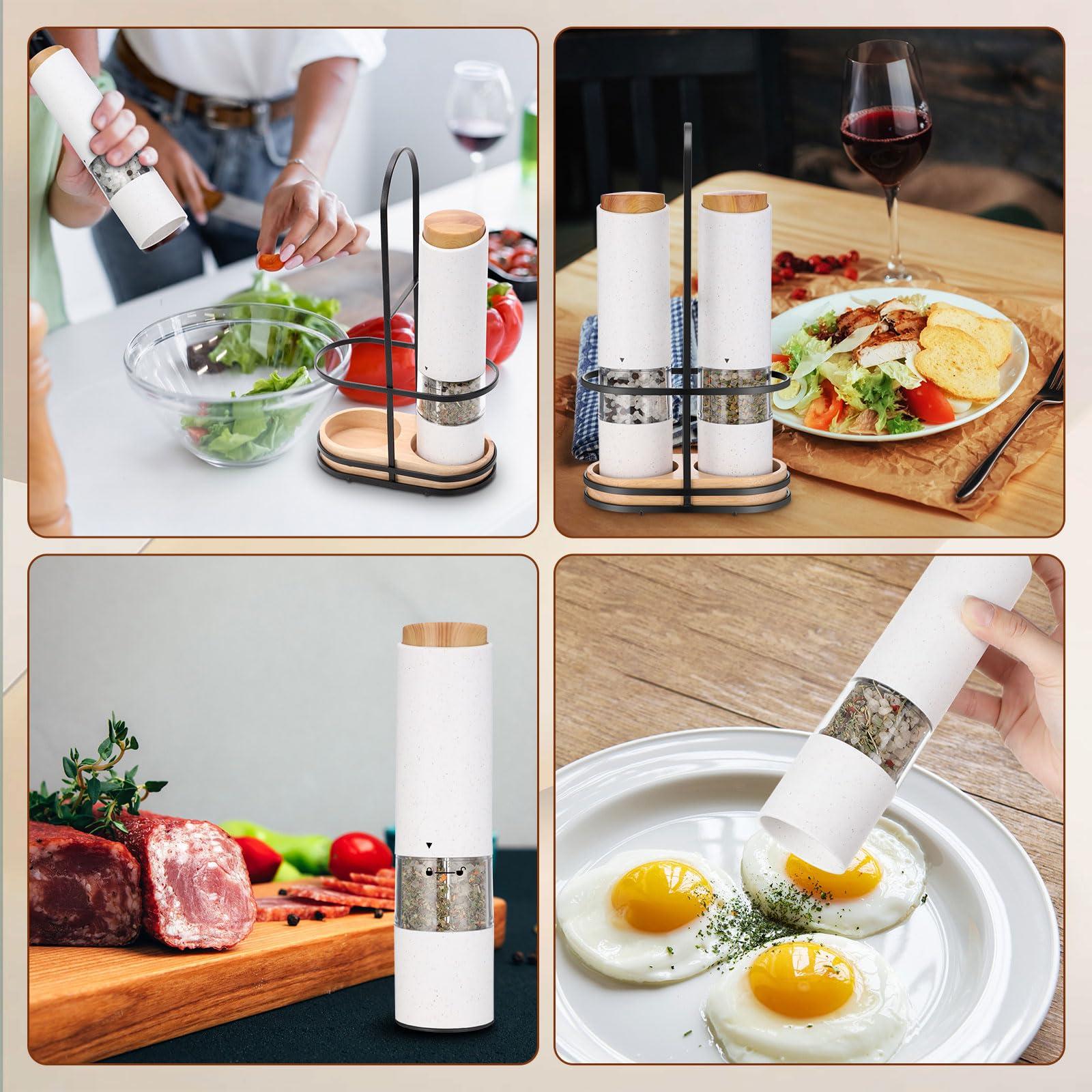 Threlaco Electric Salt and Pepper Grinder Set with 1 Portable Spill Proof Base 2 Packs Battery Operated Salt Pepper shakers with Adjustable Coarseness Light Wheat Straw Grinder for Kitchen(White) - Image 4