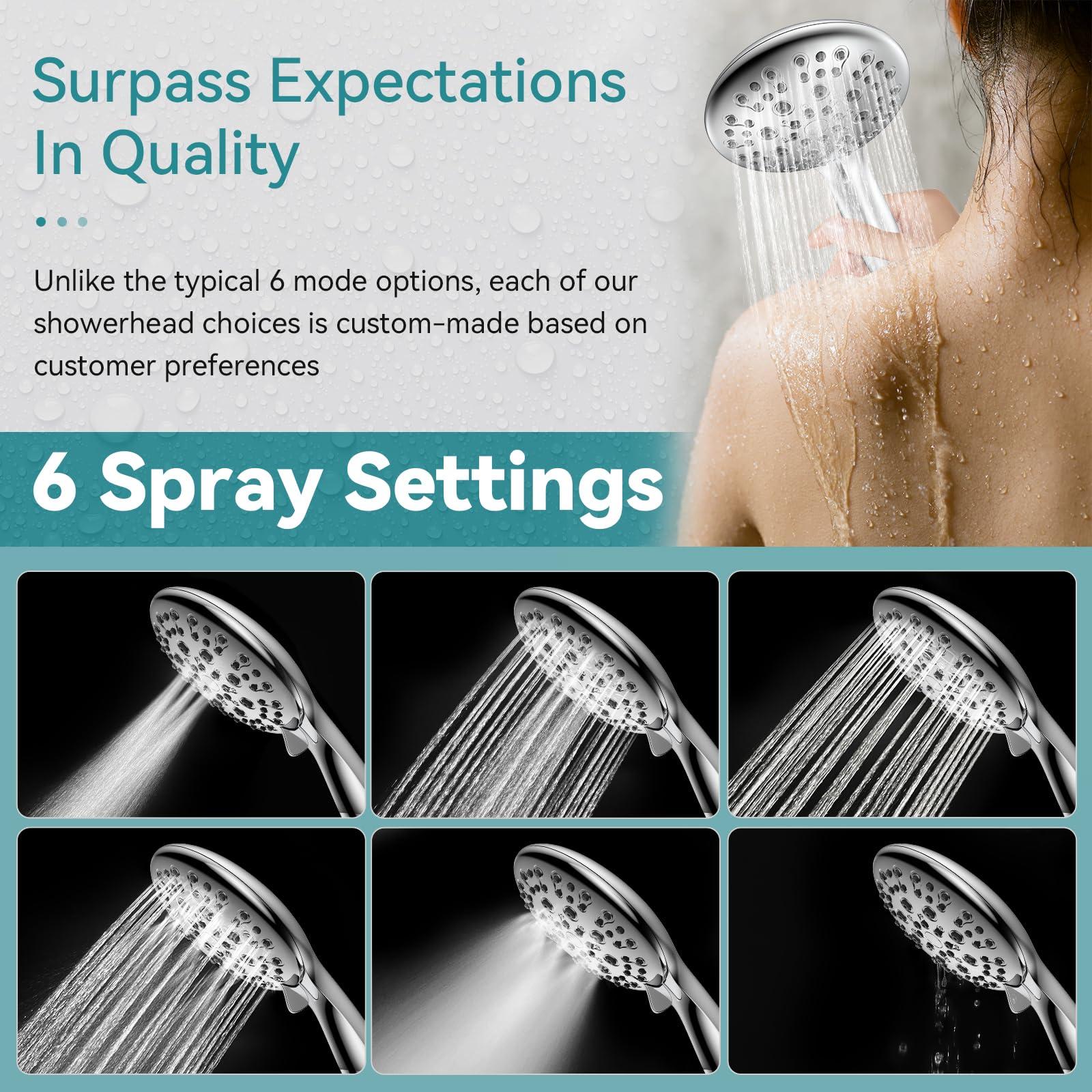 High Pressure Shower Head with Handheld, JDO 6 Spray Settings Handheld Showerhead, 4.3" High Flow Rain Showerhead Set with 59" Stainless Steel Hose and Adjustable Bracket for Bathroom, Gym, Hotel - Image 2