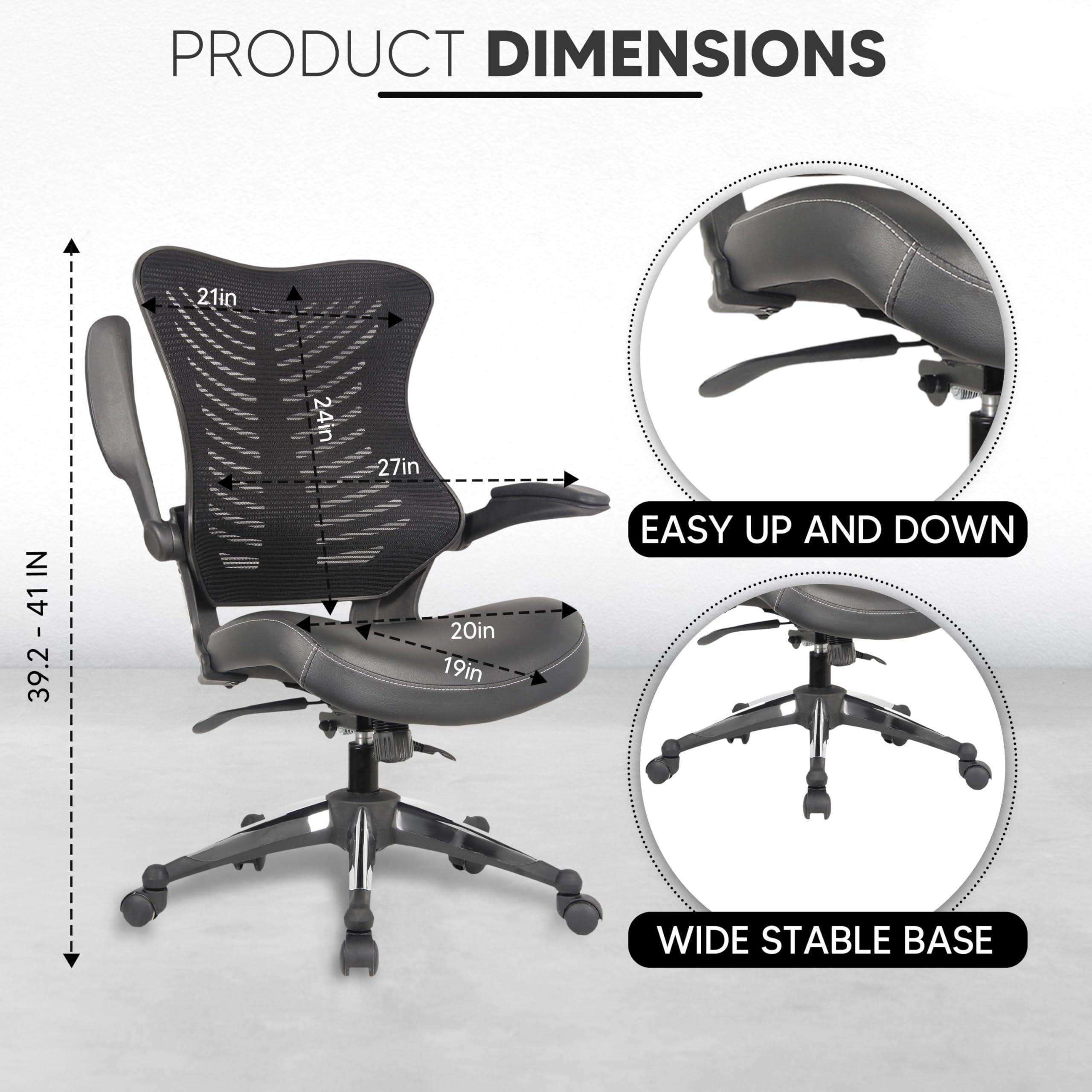 OfficeFactor Executive Ergonomic Computer Office Chair Back Mesh Bonded Leather Seat Flip-up Arms Lumbar Support Molded Foam Seat Adjustable Height Home Office Desk Chair (Black) - Image 3