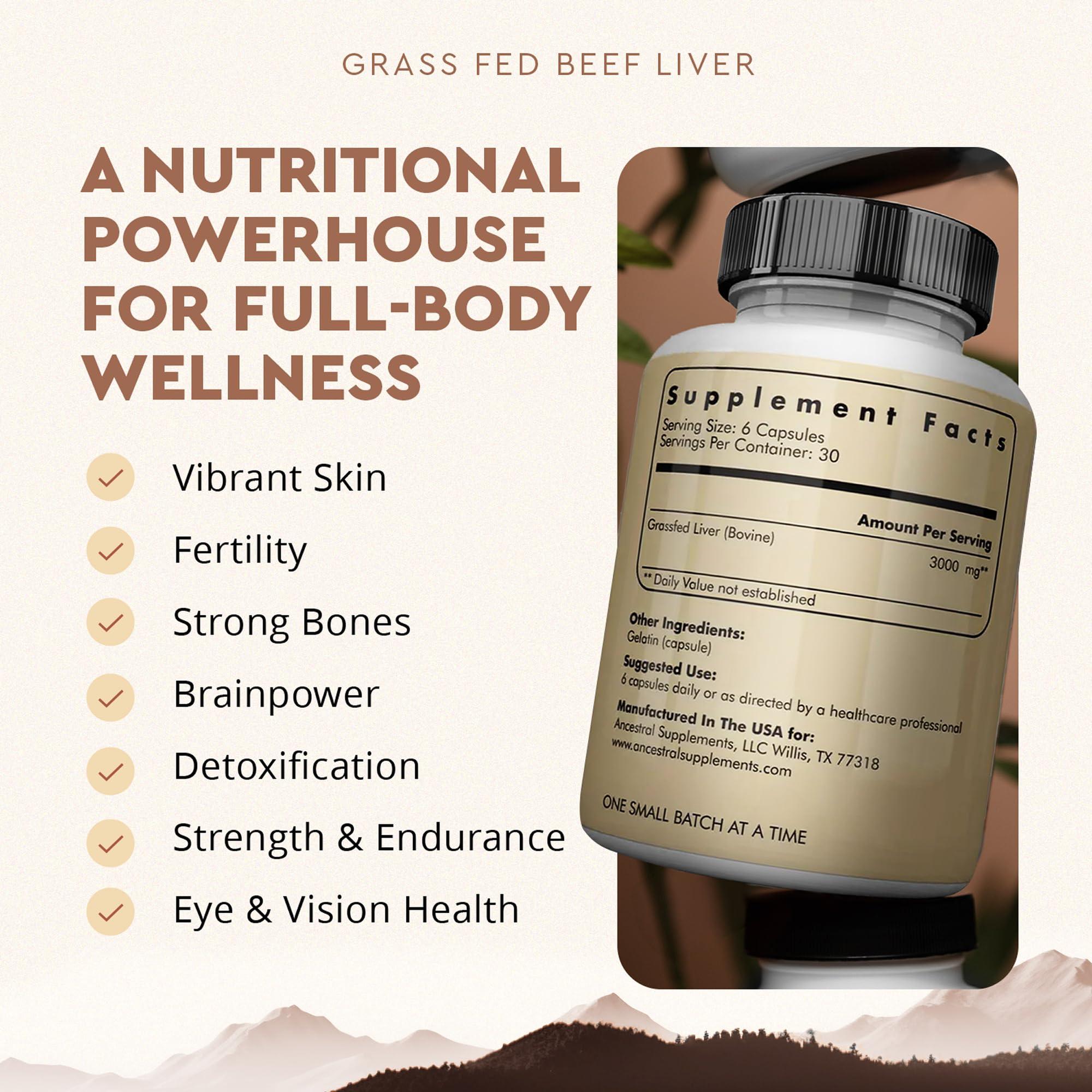 Ancestral Supplements Grass Fed Beef Liver 180 Capsules, Supports Energy Production, Detoxification, Digestion, Immunity and Full Body Wellness, Non-GMO, Freeze Dried Liver Health Supplement - Image 2