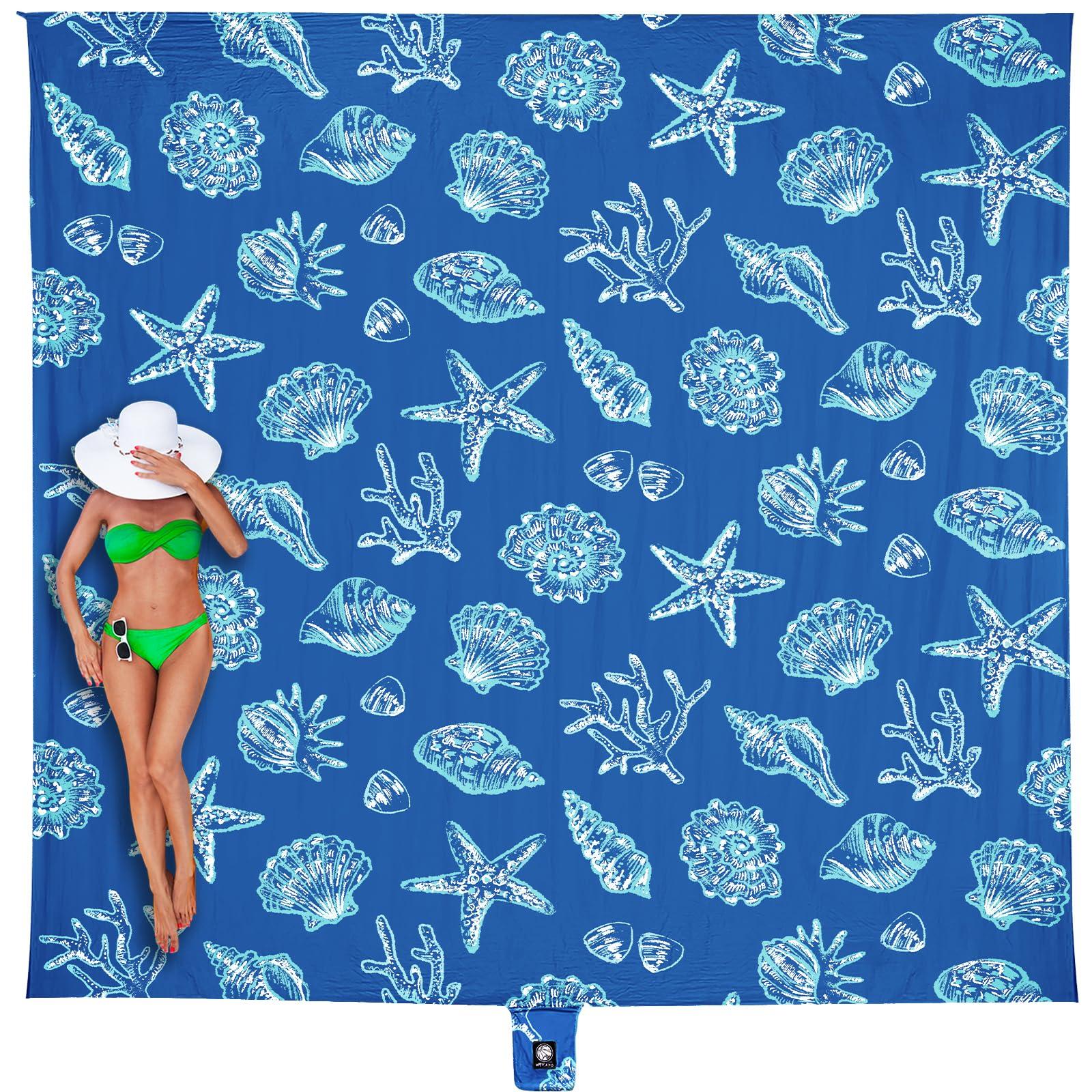 WEKAPO Beach Blanket Waterproof Sandproof Oversized, Extra Large Beach Mat Sand Free, Lightweight & Compact Sand Free Mat with 6 Stakes & 4 Corner Pockets