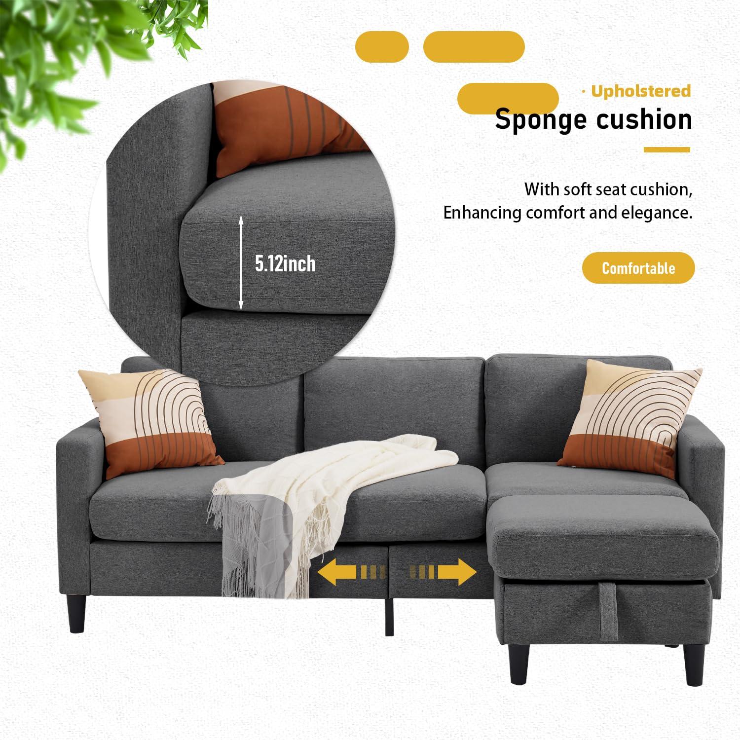 EDWINENE Small Sectional Couch, 3 Seater Small l Shaped Couch with Storage, 74 inch Pet Friendly Sofa for Living Room (Dark Gray) - Image 5