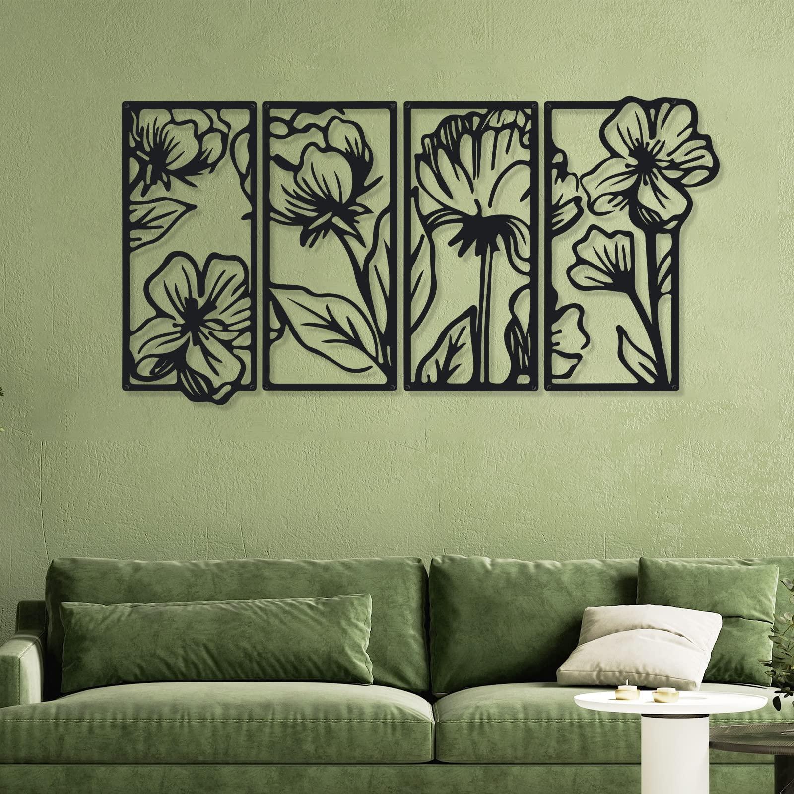Cunno 4 Pcs Black Wall Decor Metal Floral Minimalist Line Art Wall Living Room Bedroom Flower Aesthetic Modern Sculpture Poppy Theme Hanging Home Kitchen Bathroom Decorations - Image 4