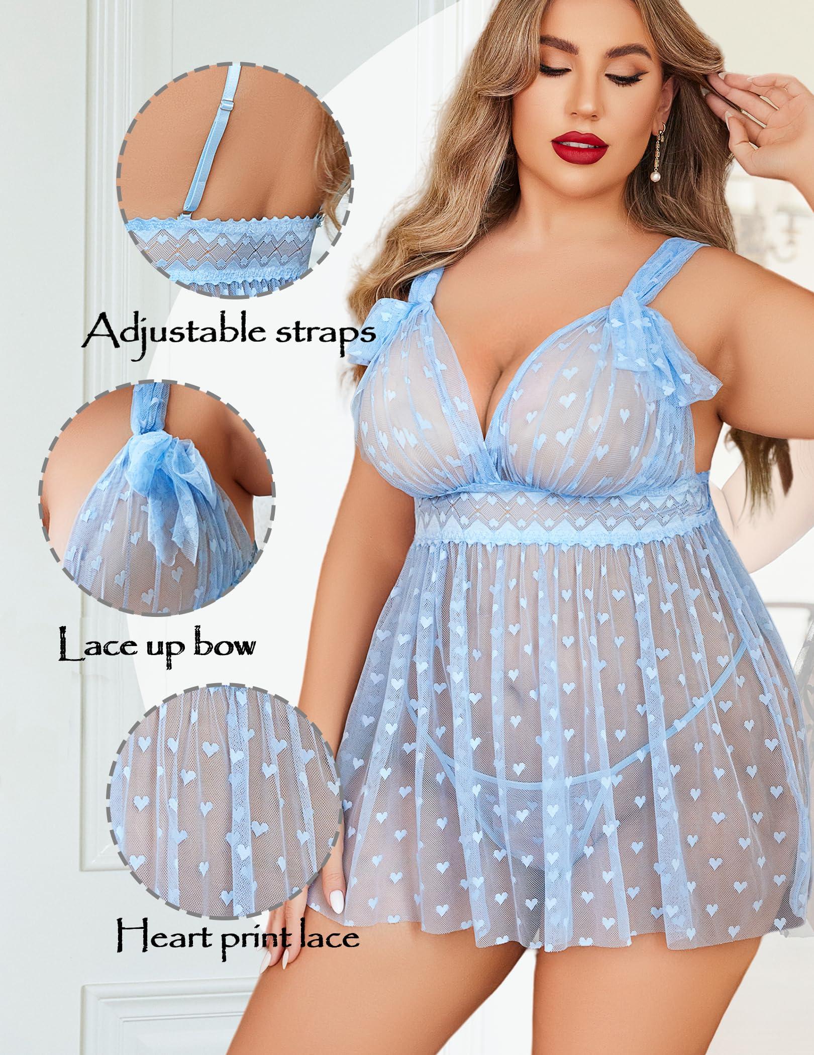 Avidlove Plus Size Lingeire for women Lace Babydoll Mesh Chemise Sexy Nightwear Sheer Nightie with Lace Up Bows L-4XL - Image 2