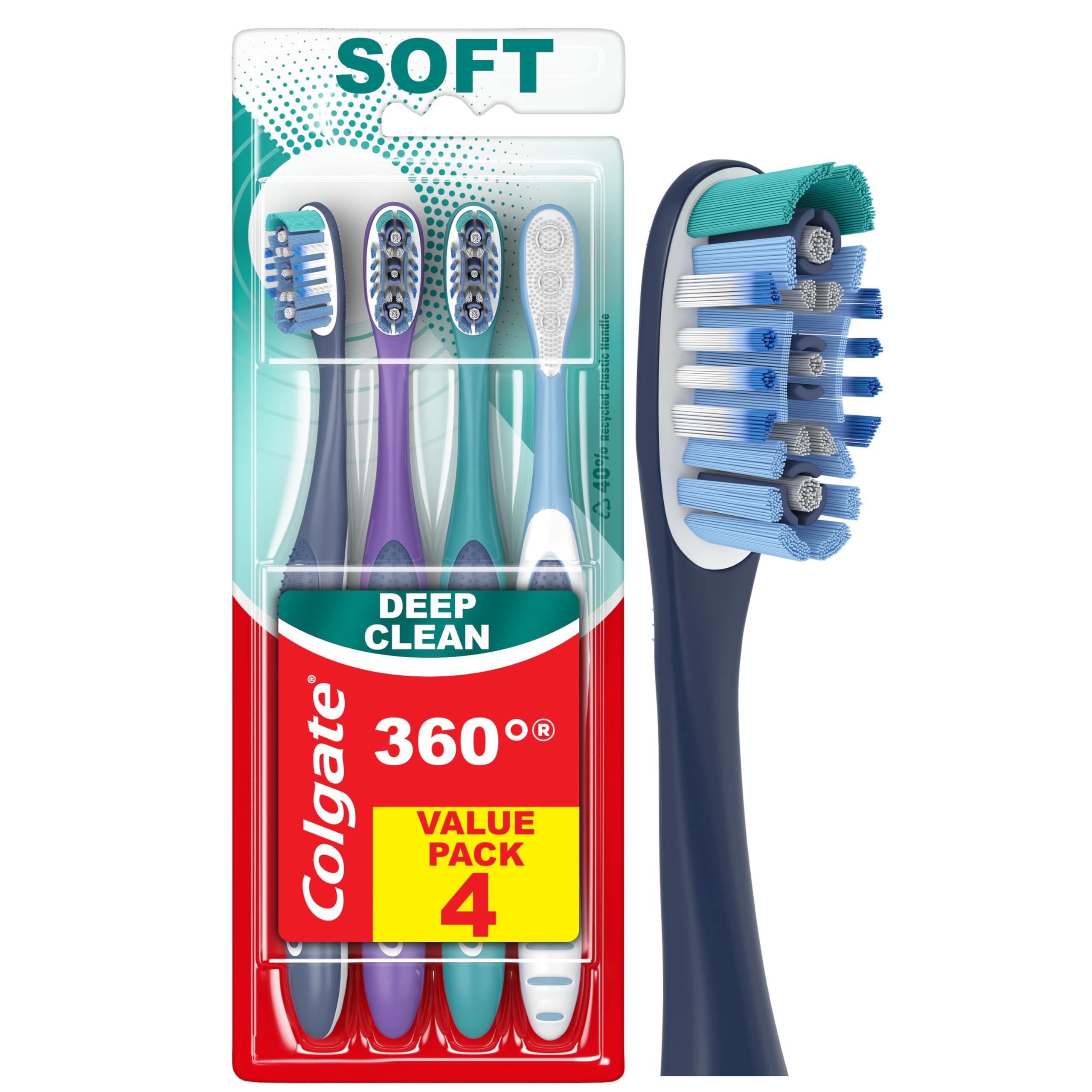 Colgate 360 Whole Mouth Toothbrush, Adult Soft Toothbrush With Tapered Bristles, Features Tongue Cleaner and Ergonomic Handle, Helps Whiten Teeth and Removes Bacteria, 4 Pack