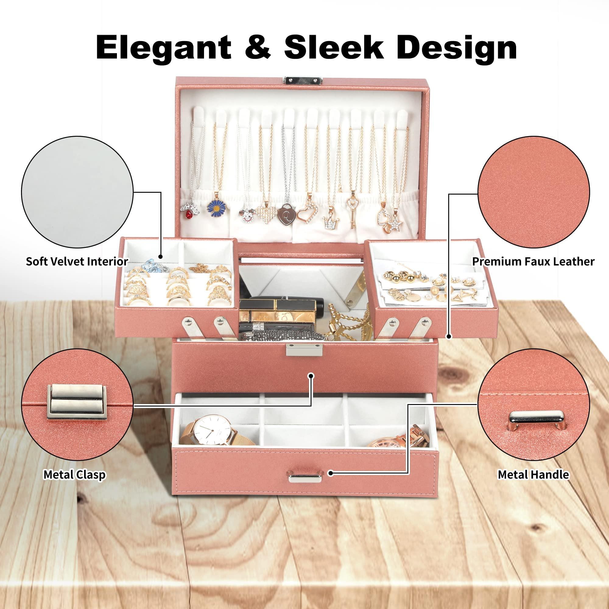 Dajasan Jewelry Organizer Box, Jewelry Box Organizer for Women Girls, 3 Layers Large Jewelry Storage Case for Earring, Rings, Necklaces Bracelets, Watch (Rose Gold) - Image 8
