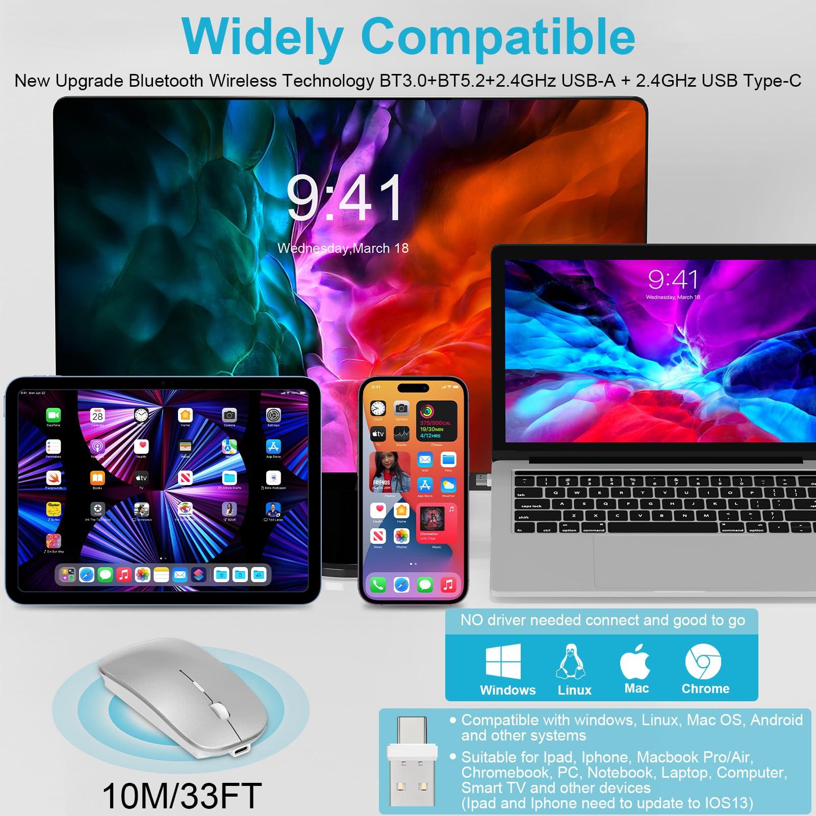 Mouse for MacBook Wireless Bluetooth Mouse Laptop MacBook Air Mac Pro Rechargeable Silent PC iPad Optical Mouse with Dual Mode Switch Bluetooth 5.2/3.0 and 2.4GHz USB Type-C Receiver Silvery - Image 2