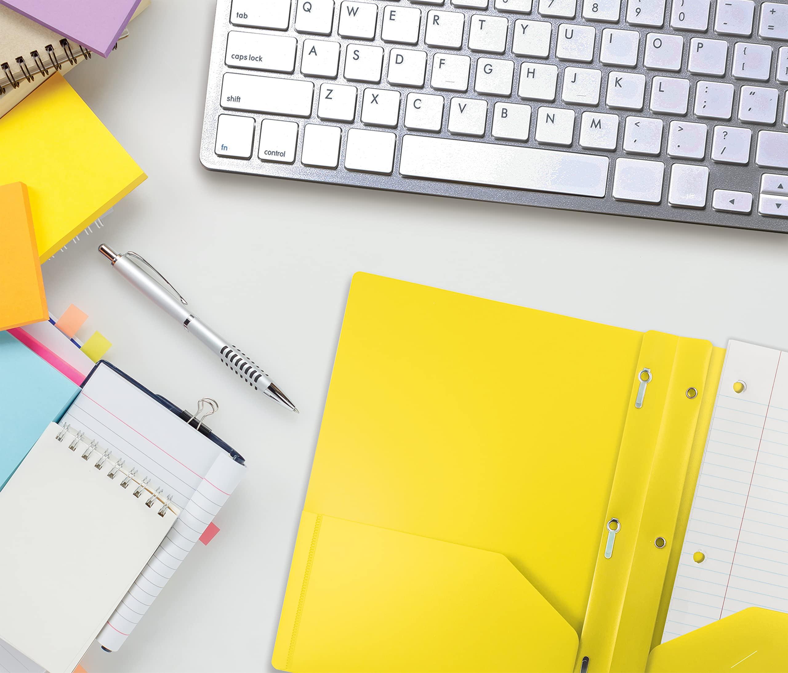 Better Office Products Yellow Plastic 2 Pocket Folders with Prongs, Heavyweight, Letter Size Poly Folders, 24 Pack, with 3 Metal Prongs Fastener Clips, Yellow - Image 5